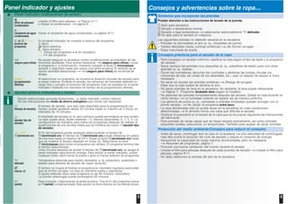 5 6
Panel indicador y ajustes
Panel indicador (indicaciones de estado)
(filtro de pelusas/
condensador
Limpiar el filtro para pelusas Página 4/11.
o limpiar el condensador página 8.
(recipiente de agua-
condensada)
Vaciar el recipiente de agua condensada página 4/11.
- -
(avance del
programa)
En el panel indicador se muestra el avance del programa:
Seco;
Seco plancha;
Seco armario;
- - Pausa del programa si es necesario;
Fin del programa.
(seguro para niños)
Se puede asegurar la secadora contra modificaciones accidentales de las
funciones ajustadas. Para activar/desactivar (seguro para niños), iniciar
el programa y, a continuación, mantener pulsada la tecla inicio/pausa
durante 5 segundos hasta que suene una señal acústica. El símbolo de la
opción activada/desactivada (seguro para niños) se enciende/se
apaga.
[h:min]
(programación
diferida)
Al seleccionar un programa, se muestra la duración prevista del secado para
la carga máxima. Durante el secado, los sensores de humedad detectan la
carga real y corrigen la duración del programa. Esto se visualiza en el panel
indicador mediante los intervalos de tiempo de la programación diferida.
Ajustes (pilotos indicadores y teclas)
(tiempo de secado)
El tiempo de secado, que sólo está disponible para la programación por
tiempo, puede ajustarse desde 20 minutos hasta un máximo de 3 horas, en
intervalos de 10 minutos.
(ajustar tipo de
secado)
El resultado del secado (p. ej. seco armario) puede aumentarse en tres niveles.
La ropa queda seca. Ajuste estándar = 0. Valores disponibles: 0, 1, 2, 3. La
configuración se mantiene para todos los programas después de realizar el
ajuste preciso de uno de ellos hasta que se modifica de nuevo (ajustar tipo
de secado).
-
(terminado en)
El fin del programa puede ajustarse seleccionando el tiempo de
(terminado en). El tiempo de (terminado en) puede retrasarse en pasos
de una hora hasta un máximo de 24 h. Pulsar la tecla (terminado en) hasta
que se muestre el tiempo deseado en horas (h). Seleccionar la tecla
inicio/pausa para iniciar el programa con retraso. El programa termina tras
el tiempo seleccionado.
Unos minutos después de ajustar el tiempo de (terminado en), se apaga el
panel indicador para ahorrar energía. Para activar el panel indicador, pulsar
cualquier botón, abrir/cerrar la puerta o girar el mando selector de programas.
delicado
Temperatura reducida para tejidos delicados, p. ej. poliacrílico, poliamida o
elastán para tiempos de secado de mayor duración.
menos
El tambor se mueve al finalizar el programa en intervalos regulares para evitar
que se formen arrugas. La ropa se mantiene suelta y esponjosa.
El ajuste estándar para cada programa es de 60 minutos. Automático
La función antiarrugas puede prolongarse 60 minutos.
(señal)
Para conectar y desconectar la señal acústica. Tras el fin del programa suena
la (señal), si está activada. Esta opción no tiene efectos en los demás tonos.
Consejos y advertencias sobre la ropa...
Símbolos que incorporan las prendas
Prestar atención a las instrucciones de lavado de la prenda.
Apto para secadora.
Secado a temperatura normal.
Secado a baja temperatura seleccionar adicionalmente delicado.
No apto para el secado en máquina.
Las siguientes prendas no deberán secarse en la secadora:
– Prendas no permeables al aire (p. ej., revestidas de goma).
– Tejidos delicados (seda, cortinas sintéticas) ¡Se forman arrugas!
– Ropa manchada de aceite.
Consejos prácticos para el secado de la ropa
– Para conseguir un secado uniforme, clasificar la ropa según el tipo de tejido y el programa
de secado.
– Secar siempre las prendas muy pequeñas (p. ej., calcetines de bebé) junto con otras
grandes (p. ej., toallas).
– Cerrar las cremalleras, abrochar los corchetes y abotonar las fundas. Anudar los
cinturones de tela, las cintas de los delantales, etc.; usar un saquito de lavado si fuera
necesario.
– No secar en exceso las prendas sintéticas ¡Riesgo de arrugas!
Dejar que la ropa acabe de secarse al aire.
– No secar prendas de lana en la secadora. No obstante, la lana puede refrescarse.
Página 7, Programa Acabado lana (según el modelo).
– No planchar las prendas inmediatamente después del secado. Doblar la ropa durante un
cierto tiempo La humedad restante se reparte así de manera uniforme.
– Los géneros de punto (p. ej., camisetas o prendas tricotadas) pueden encoger con el
primer secado. No utilizar el programa extra seco.
– La ropa almidonada sólo se puede secar en la secadora en unas condiciones
determinadas El almidón forma una capa que dificulta el secado.
– Dosificar el suavizante en el lavado de la ropa que se va a secar siguiendo las indicaciones
del fabricante.
– Para prendas de varias capas que se hayan secado previamente, así como prendas
pequeñas sueltas, seleccionar un temporizado. También para acabar de secar prendas.
Protección del medio ambiente/Consejos para reducir el consumo
– Antes de secar, centrifugar bien la ropa en la lavadora Una velocidad de centrifugado
más alta acorta la duración del ciclo de secado y reduce el consumo de energía.
– Aprovechar la capacidad de carga máxima recomendada, pero no rebasarla
Resumen de programas, página 7.
– Procurar una buena ventilación del recinto durante el secado.
– Limpiar el filtro para pelusas después de cada proceso de secado Limpiar el filtro para
pelusas, página 4/11.
– No debe obstruirse la entrada del aire de la secadora.
Opción seleccionada activada/desactivada piloto indicador conect./descon.
Ver las instrucciones del modo de ahorro energético que vienen por separado.
 