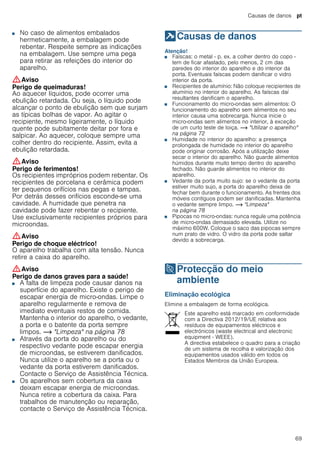 Causas de danos pt
69
■ No caso de alimentos embalados
hermeticamente, a embalagem pode
rebentar. Respeite sempre as indicações
na embalagem. Use sempre uma pega
para retirar as refeições do interior do
aparelho.
:Aviso
Perigo de queimaduras!
Ao aquecer líquidos, pode ocorrer uma
ebulição retardada. Ou seja, o líquido pode
alcançar o ponto de ebulição sem que surjam
as típicas bolhas de vapor. Ao agitar o
recipiente, mesmo ligeiramente, o líquido
quente pode subitamente deitar por fora e
salpicar. Ao aquecer, coloque sempre uma
colher dentro do recipiente. Assim, evita a
ebulição retardada.
:Aviso
Perigo de ferimentos!
Os recipientes impróprios podem rebentar. Os
recipientes de porcelana e cerâmica podem
ter pequenos orifícios nas pegas e tampas.
Por detrás desses orifícios esconde-se uma
cavidade. A humidade que penetra na
cavidade pode fazer rebentar o recipiente.
Use exclusivamente recipientes próprios para
microondas.
:Aviso
Perigo de choque eléctrico!
O aparelho trabalha com alta tensão. Nunca
retire a caixa do aparelho.
:Aviso
Perigo de danos graves para a saúde!
■ A falta de limpeza pode causar danos na
superfície do aparelho. Existe o perigo de
escapar energia de micro-ondas. Limpe o
aparelho regularmente e remova de
imediato eventuais restos de comida.
Mantenha o interior do aparelho, o vedante,
a porta e o batente da porta sempre
limpos. ~ "Limpeza" na página 78
Perigo de danos graves para a saúde!■ Através da porta do aparelho ou do
respectivo vedante pode escapar energia
de microondas, se estiverem danificados.
Nunca utilize o aparelho se a porta ou o
vedante da porta estiverem danificados.
Contacte o Serviço de Assistência Técnica.
Perigo de danos graves para a saúde!■ Os aparelhos sem cobertura da caixa
deixam escapar energia de microondas.
Nunca retire a cobertura da caixa. Para
trabalhos de manutenção ou reparação,
contacte o Serviço de Assistência Técnica.
]Causas de danos
Causasdedanos Atenção!
■ Faíscas: o metal - p. ex. a colher dentro do copo -
tem de ficar afastado, pelo menos, 2 cm das
paredes do interior do aparelho e do interior da
porta. Eventuais faíscas podem danificar o vidro
interior da porta.
■ Recipientes de alumínio: Não coloque recipientes de
alumínio no interior do aparelho. As faíscas daí
resultantes danificam o aparelho.
■ Funcionamento do micro-ondas sem alimentos: O
funcionamento do aparelho sem alimentos no seu
interior causa uma sobrecarga. Nunca inicie o
micro-ondas sem alimentos no interior, à exceção
de um curto teste de loiça. ~ "Utilizar o aparelho"
na página 72
■ Humidade no interior do aparelho: a presença
prolongada de humidade no interior do aparelho
pode originar corrosão. Após a utilização deixe
secar o interior do aparelho. Não guarde alimentos
húmidos durante muito tempo dentro do aparelho
fechado. Não guarde alimentos no interior do
aparelho.
■ Vedante da porta muito sujo: se o vedante da porta
estiver muito sujo, a porta do aparelho deixa de
fechar bem durante o funcionamento. As frentes dos
móveis contíguos podem ser danificadas. Mantenha
o vedante sempre limpo. ~ "Limpeza"
na página 78
■ Pipocas no micro-ondas: nunca regule uma potência
de micro-ondas demasiado elevada. Utilize no
máximo 600W. Coloque o saco das pipocas sempre
num prato de vidro. O vidro da porta pode saltar
devido a sobrecarga.
7Protecção do meio
ambiente
Protecçãodomeioambiente Eliminação ecológica
Elimine a embalagem de forma ecológica.
Este aparelho está marcado em conformidade
com a Directiva 2012/19/UE relativa aos
resíduos de equipamentos eléctricos e
electrónicos (waste electrical and electronic
equipment - WEEE).
A directiva estabelece o quadro para a criação
de um sistema de recolha e valorização dos
equipamentos usados válido em todos os
Estados Membros da União Europeia.
 