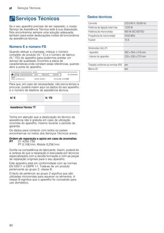 pt Serviços Técnicos
80
4Serviços Técnicos
ServiçosTécnicos Se o seu aparelho precisar de ser reparado, o nosso
Serviço de Assistência Técnica está à sua disposição.
Nós encontramos sempre uma solução adequada,
também para evitar deslocações inúteis de funcionários
da assistência técnica.
Número E e número FD
Quando efetuar a chamada, indique o número
completo de produto (N.° E) e o número de fabrico
(N.° FD) do aparelho para podermos prestar um
serviço de qualidade. Encontra a placa de
características onde constam estas referências, quando
abre a porta do aparelho.
Para que, em caso de necessidade, não perca tempo a
procurar, poderá inserir aqui os dados do seu aparelho
e o número de telefone da assistência técnica.
Tenha em atenção que a deslocação do técnico da
assistência não é gratuita em caso de utilização
incorreta do aparelho, mesmo durante o período de
garantia.
Os dados para contacto com todos os países
encontram-se no índice dos Serviços Técnicos anexo.
Ordem de reparação e apoio em caso de anomalias
Confie na competência do fabricante. Assim, poderá ter
a certeza de que a reparação é executada por técnicos
especializados com a devida formação e com as peças
de reparação originais para o seu aparelho.
Este aparelho está em conformidade com as normas
EN 55011 e CISPR 11. Trata-se de um produto
pertencente ao grupo 2, classe B.
O facto de pertencer ao grupo 2 significa que são
utilizadas microondas para aquecer os alimentos. A
classe B significa que o aparelho foi concebido para
uso doméstico.
Dados técnicos
N.º E N.° FD
Assistência Técnica O
PT 21 4250 730
PT 0,10€/min. Mobile 0,25€/min
Corrente 220-240 V, 50/60 Hz
Potência de ligação total máx. 1220 W
Potência do micro-ondas 900 W (IEC 60705)
Frequência do micro-ondas 2450 MHz
Fusível 10 A
Dimensões (A/L/P)
- Aparelho 382 x 594 x 318 mm
- Interior do aparelho 220 x 350 x 270 mm
Testado conforme as normas VDE sim
Marca CE sim
 