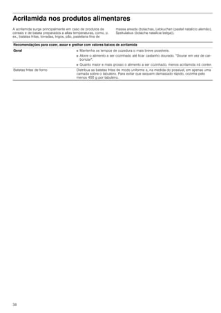 38
Acrilamida nos produtos alimentares
A acrilamida surge principalmente em caso de produtos de
cereais e de batata preparados a altas temperaturas, como, p.
ex., batatas fritas, torradas, trigos, pão, pastelaria fina de
massa areada (bolachas, Lebkuchen (pastel natalício alemão),
Spekulatius (bolacha natalícia belga)).
Recomendações para cozer, assar e grelhar com valores baixos de acrilamida
Geral ■ Mantenha os tempos de cozedura o mais breve possíveis.
■ Aloire o alimento a ser cozinhado até ficar castanho dourado. "Dourar em vez de car-
bonizar".
■ Quanto maior e mais grosso o alimento a ser cozinhado, menos acrilamida irá conter.
Batatas fritas de forno Distribua as batatas fritas de modo uniforme e, na medida do possível, em apenas uma
camada sobre o tabuleiro. Para evitar que sequem demasiado rápido, cozinhe pelo
menos 400 g por tabuleiro.
 