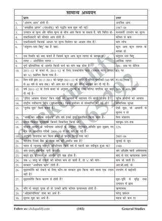 (102)Follow us: clickqualify.com General Studies
clickqualify
7210165292
lkekU; vè;;u
iz'u mÙkj
1- ^varj.k vk;* gksrh gS vu£tr vk;
2- ^lekSrk Kkiu* (,evks;w) dh i¼fr dc 'kq: dh xbZ 198788
3- mRiknu ds ewY; vkSj o£/r ewY; ds chp varj fd;k tk ldrk gS] ;fn fofnr gks eè;orhZ miHkksx dk ewY;
4- ,dkf/dkjh dh lhekar vk; gksrh gS dher ls de
5- ,dkf/dkjh fdlds vk/kj ij ewY; foHksnu dk vkJ; ysrk gS ekax yksp
6- ^larqyuLrj fcanq* og gS tgka dqy vk; dqy ykxr ds
cjkcj gks
7- ml fLFkfr dks D;k dgrs gSa ftlesa dqy vk; dqy ykxr ds cjkcj gks larqyu Lrj fcanq
8- LiV $ var£ufgr ykxr = vk£Fkd ykxr
9- iw.kZ izfr;ksfxrk ds varxZr fdlh iQeZ dk ekax oØ gksrk gS OX– v{k ij {kSfrt
10- 201112 ds ctV esa] 201112 ds fy, jktdkskh; ?kkVk (ldy ?kjsyw mRikn
dk ») iz{ksfir fd;k x;k gS
4-6 ij
11- foÙk ea=kh }kjk 2822011 dks izLrqr 201112 ds ctV esa ofjB ukxfjdksa (60 okZ
ls 80 okZ ls de rd) dh vk; dj esa NwV dh lhek c+kdj dj nh xbZ gSA
`2-50 yk[k
12- okZ 201112 ds jsyos ctV ds vuqlkj] iq:kksa ds fy, ofjB ukxfjd NwV c+k
nh xbZ gS
30» ls 40» rd
13- ^bafnjk vkokl ;kstuk* fdu yksxksa dks vkokl esa lgk;rk nsus okyh ;kstuk gS xjhc xzkeh.kksa dks vkokl
14- jkVªh; uohdj.k fuf/ (,uvkj,iQ) fdl iz;kstu ls laLFkkfir dh xbZ Fkh lkekftd lqj{kk
15- ^nqyZHk eqnzk* fdls dgrs gSa ,slh eqnzk] tks vklkuh ls
lqyHk u gks
16- ^Hkkjr dk vk£Fkd losZ{k.k* izfr okZ buds }kjk izdkf'kr fd;k tkrk gS foÙk ea=kky;
17- ekuo fodkl lwpdkad fdlus fodflr fd;k Fkk egcwcmygd
18- ;kstuk vk;ksx ds uohure vkadM+ksa ds vuqlkj] rsanqydj lfefr }kjk lqk, x,
lw=k ij vk/kfjr xjhch 200910 esa ?kV dj jg xbZ gS
32»
19- vuqkaxh fgrykHk dj fdl ctV esa izLrqr fd;k x;k Fkk 200506
20- Hkkjrh; fjtoZ cSad ds ys[kk okZ dh vof/ D;k gS tqykbZ ls twu
21- Hkkjr eas U;wure etnwjh vf/fu;e fdl okZ esa igyh ckj LohÑr gqvk Fkk 1948
22- Jeiz/ku rduhd pquh tk,xh Je vf/'ksk okyh vFkZO;oLFkk
23- c+rs gq, izfriQy ds varxZr iw£r oØ gksrk gS ck,a ls nk,a Í.kkRed izo.k
24- tc 'x' oLrq ds ,soth dh dher de gks tkrh gS] rks 'x' dh ekax de tks tkrh gSA
25- ljdkj ^vFkksZik; Í.k* ysrh gS vkj-ch-vkbZ- ls
26- eqnzkLiQhfr dks jksdus ds fy, dkSulk ljdkj }kjk fd;k tkus okyk ,d mik;
ugha gS
miHkksx esa c+ksÙkjh
27- eqnzkLiQhfr fdl dkj.k ls gksrh gS eqnzkiw£r eas o`f¼ rFkk
mRiknu eas ßkl
28- ;fn nks oLrq,a iwjd gksa rks mudh ØkWl dher izR;kLFkrk gksrh gS Í.kkRed
29- ^vksbdksuksfe;k* 'kCn dk vFkZ gS ?kjsyw izca/u
30- lqyHk eqnzk dk vFkZ gS C;kt dh de nj
 