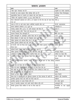 (113)Follow us: clickqualify.com General Studies
clickqualify
7210165292
lkekU; vè;;u
iz'u mÙkj
1- ^okWy LVªhV* fdldk uke gS U;w;kWdZ dk LVkWd ,Dlpast
2- HkkjrokZ dk izFke gkbMy ikWoj izkstsDV dkSulk gS dukZVd fLFkr f'koleqnze~
3- lw{ethoh; fdLe ds lao/Zu dk laxzg.k dsanz ;gka fLFkr gS paMhx+
4- ^dsanzh; peZ vuqla/ku laLFkku* (CLRI) dgka fLFkr gS psUubZ
5- fdl ikfdLrkuh iz{ksikL=k dks vfXuII ds NksM+us ds rhu fnu ckn gh tyk fn;k
x;k Fkk
xkSjhII
6- Hkkjr ds nkSjs ij vkus okyk igyk vesfjdh jkVªifr dkSu Fkk Mh-Mh- vkbtugkoj
7- ekuo i;kZoj.k lEesyu1972 gqvk Fkk LVkWdgkse esa
8- ijek.kq vizlkj laf/ (NPT) ij vHkh gLrk{kj ugha fd, gSa Hkkjr us
9- ¶ijek.kq vizlkj laf/¸ fdl okZ ykxw gqbZ Fkh 1970
10- rkypj fdlds fy, egRoiw.kZ gS Hkkjh ty la;a=k
11- izkf.k ukei¼fr ij varjkZVªh; vk;ksx fdl okZ ls LFkkfir fd;k x;k Fkk 1895
12- fo'o bfrgkl esa lcls cM+k rsy fc[kjko dgka gqvk Fkk iQkjl dh [kkM+h
13- ukscsy iqjLdkj dh LFkkiuk fdl ns'k us dh Fkh LohMu
14- ukscsy iqjLdkj izfrokZ dgka ckaVs tkrs gSa LVkWdgkse
15- Jh lh-oh- je.k dks fdl {ks=k esa dk;Z djus ds fy, ukscsy iqjLdkj ls lEekfur
fd;k x;k
izdk'k izdh.kZu
16- izfrokZ fdrus ukscy izkbt iqjLdkj iznku fd, tkrs gSa 6
17- ukscsy iqjLdkj fdlesa ;ksxnku ds fy, ugha fn;k tkrk gS dEI;wVj foKku
18- vFkZ'kkL=k esa ukscsy iqjLdkj fdlus LFkkfir fd;k Fkk LohMu dk lsaVªy cSad
19- vFkZ'kkL=k esa izFke ukscsy iqjLdkj fdls fn;k x;k Fkk tku fVuczsxu vkSj jsxukj
fÚLd
20- ukscsy iqjLdkj fotsrk Hkkjrh;] veR;Z lsu fdl {ks=k esa dk;Z ds fy, izfl¼
gSa
vFkZ'kkL=k
21- veR;Z lsu dks fdl okZ esa vFkZ'kkL=k esa ukscsy iqjLdkj feyk 1998
22- Hkkjr dks izFke ukscsy iqjLdkj bl fok; ds fy, fn;k x;k Fkk lkfgR;
23- eSjh D;wjh dks nks fHkUu ukscsy iqjLdkj fdu fHkUu Jsf.k;ksa ds feys Fks HkkSfrd rFkk jlk;u
24- xzSeh iqjLdkj fdl {ks=k esa fn;k tkrk gS laxhr
25- fdlus 26 ckj vkWLdj iqjLdkj thrk okYV fMTuh
26- fdl {ks=k esa mRÑV dk;Z dks iqfyRtj iqjLdkj ds fy, ekU;rk nh tkrh gS lkfgR; vkSj i=kdkfjrk
27- KkuihB iqjLdkj fdl {ks=k okyksa dks fn;k tkrk gS lkfgR;
28- KkuihB iqjLdkj ds izFke fotsrk dkSu Fks th- 'kadj dq:i
29- Hkkjr esa KkuihB iqjLdkj ikus okyh igyh efgyk dkSu Fkh vk'kkiw.kkZ nsoh
30- eSXlsls iqjLdkj fdl O;fDr ds uke ij fn;k tkrk gS fiQyhihal ds ,d HkwriwoZ
jkVªifr
 