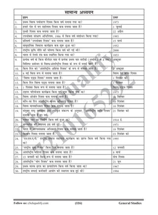 (116)Follow us: clickqualify.com General Studies
clickqualify
7210165292
lkekU; vè;;u
iz'u mÙkj
1- izFke fo'o i;kZoj.k fnol fdl okZ euk;k x;k Fkk 1973
2- gekjs ns'k esa ou egksRlo fnol dc euk;k tkrk gS 1 tqykbZ
3- i`Foh fnol dc euk;k tkrk gS 22 vçSy
4- miHkksDrk laj{k.k vf/fu;e] 1986 esa fdl okZ la'kks/u fd;k x;k 1993
5- izfrokZ ^miHkksDrk fnol* dc euk;k tkrk gS 15 ekpZ
6- lkeqnkf;d fodkl dk;ZØe dc 'kq: gqvk Fkk 1952
7- jkVªh; Ñfk uhfr dh ?kksk.kk fdl okZ dh xbZ Fkh 2000
8- Hkkjr eas jsyos ra=k dc LFkkfir fd;k x;k Fkk 1853
9- izR;sd okZ ds fdl dSysaMj ekg esa izR;sd izFke pkj rkjh[ksa (vFkkZr 1 ls 4 rd)
fof'kV iz;kstu ls fo'o@varjkZVªh; fnol ds :i eas eukbZ tkrh gS
vDVwcj
10- fdl fnu dks ^varjkZVªh; vfgalk fnol* ds :i esa euk;k tkrk gS 2 vDVwcj
11- 8 ebZ fdl :i esa euk;k tkrk gS fo'o jsM ØkWl fnol
12- ^fo'o ,M~l fnol* euk;k tkrk gS 1 fnlacj dks
13- fdl fnu fo'o ,M~l euk;k tkrk gS 1 fnlacj
14- 1 fnlacj fdl :i esa euk;k tkrk gS fo'o ,M~l fnol
15- Vkbxj ifj;kstuk dk;ZØe fdl okZ 'kq: fd;k x;k Fkk 1973
16- fo'o vkstksu fnol dc euk;k tkrk gS 16 flracj
17- dkSulk fnu varjkZVªh; ekuo vf/dkj fnol gS 10 fnlacj
18- fo'o ekuokf/dkj fnol dc euk;k tkrk gS 10 fnlacj
19- la;qDr jkVª egklHkk }kjk LohÑr ladYi ds vuqlkj] ^varjkZVªh; 'kkafr fnol*
euk;k tkrk gS gj okZ
21 flracj dks
20- iukek ugj dk fuekZ.k fdl okZ gqvk Fkk 1914 bZ-
21- ckaXykns'k dh LFkkiuk bl okZ gqbZ% 1971
22- Hkkjr esa vYila[;d vf/dkj fnol dc euk;k tkrk gS 18 fnlacj
23- fdlku fnol euk;k tkrk gS% 23 fnlacj dks
24- ^,u-,l-,-ih-* jkVªh; lekt lgk;rk dk;ZØe dk izkjaHk fdl okZ fd;k x;k
Fkk
1995
25- ^jkVªh; ;qok fnol* fdl fnu euk;k tkrk gS 12 tuojh
26- varjkZVªh; efgyk fnol dc euk;k tkrk gS 8 ekpZ
27- 15 tuojh dks fdl :i esa euk;k tkrk gS lsuk fnol
28- varjkZVªh; ^;ksx fnol* dc euk;k tkrk gS 21 twu
29- izFke ekuo ân; dk izR;kjksi.k fdl okZ fd;k tkrk Fkk 1967
30- jkVªh; liQkbZ deZpkjh vk;ksx dh LFkkiuk dc gqbZ Fkh 1994
 