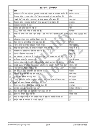 (118)Follow us: clickqualify.com General Studies
clickqualify
7210165292
lkekU; vè;;u
iz'u mÙkj
1- oeZeku esa dkSulk izknsf'kd eq[;ea=kh lcls yach vof/ ls yxkrkj dk;Zjr gS ekfud ljdkj
2- foKkiu iafDr ^n ikoj vkWiQ Mªhe* fdl czkaM@daiuh ds lkFk lacaf/r gSa gksaMk
3- ^lcls rst* uke iafDr (Bye-line) ds lkFk izlkj.k dkSu djrk gS vkt rd
4- foKkiu iafDr ^,Dlizsl ;ksjlsYiQ* fdl czkaM@daiuh ls lacaf/r gS ,vjVsy
5- ekyksVkso dkWdVsy gSa] ,d xzsusM
6- dkxt dh [kkst dgka dh xbZ Fkh phu
7- 'Caste' 'kCn fdl Hkkkk eas fy;k x;k gS iqrZxkyh
8- lalkj ds lcls maQps Vkoj ^cqtZ nqcbZ* (u;k uke ^cqtZ [kyhiQk*) dh mQapkbZ
gS
829-8 ehVj (2722 iQhV)
9- vf/dre mQapkbZ okyk vlSfud foeku iÙku gS phu esa
10- fdl uxj dks bysDVªkWfud uxj dgk tkrk gS caxyq:
11- ^jkT;* 'kCn dk iz;ksx loZizFke fdlus fd;k eSfd;kosyh
12- f'kiz iFk iqfyl Fkkuk] tks lalkj esa loksZÙke ekuk x;k gS t;iqj esa gS
13- eysf'k;k dh iz'kklfud jkt/kuh dkSulh gS iq=ktk;k
14- fdUdh vkS|ksfxd {ks=k fLFkr gS tkiku esa
15- og ,dek=k ns'k dkSulk gS ftlds Mkd fVdV ij mldk uke ugha gS ;w-ds-
16- izkphure varjkZVªh; ,vjykbu gS Mp ds-,y-,e-
17- i;kZoj.k laj{k.k ds fy, dkSulh varjkZVªh; ,tsalh dk;Z dj jgh gS xzhuihl
18- tqykbZ] 1950 esa ^vf/d isM+ mxkvks* vfHk;ku dk mn~?kkVu fdlus fd;k Fkk ds-,e- eqa'kh
19- ^ou egksRlo* fdlls lacaf/r gS isM+ yxkuk
20- okZ 1959 bZ- rd ikfdLrku dh jkt/kuh Fkh djkph
21- vjfc;ksa us eqYrku dks D;k uke fn;k Fkk Lo.kZ uxjh
22- ISRO dh LFkkiuk dc gqbZ Fkh okZ 1969
23- ^bljks* (Hkkjrh; varfj{k vuqla/ku laxBu) dk xBu fdl okZ fd;k x;k okZ 1969
24- bljks dh ekLVj fu;a=kd lqfo/k dgka gS dukZVd
25- fVgjh tyfo|qr ifjlj fdl jkT; esa fLFkr gS mÙkjkapy
26- jkVªifr Hkou dk fMtkbu cuk;k Fkk ,Mfou yqfV;al us
27- fdl ns'k us ^leqnzksa dh jkuh* dh mikf/ izkIr dh gS Úkal
28- bVyh dk jkVªh; fpÉ D;k gS liQsn fyyh
29- Hkkjr ds jkVªh; èot esa cus v'kksd pØ esa MaMksa dh la[;k fdruh gS 24
30- jkVªh; èot ds /eZpØ esa fdruh js[kk,a gSa 24
 