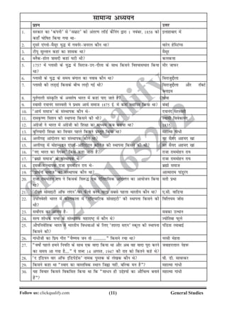 (11)Follow us: clickqualify.com General Studies
clickqualify
7210165292
lkekU; vè;;u
iz'u mÙkj
1- ljdkj dk ^daiuh* ls ^lezkV* dks varj.k ykWMZ dSfuax }kjk 1 uoacj] 1858 dks
dgk¡ ?kksfkr fd;k x;k Fkk
bykgkckn esa
2- nwljs ,aXykseSlwj ;q¼ esa xouZjtujy dkSu Fkk okjsu gsfLVaXl
3- Vhiw lqYrku dgka dk 'kkld Fkk eSlwj
4- CySdgksy =kklnh dgka ?kVh Fkh dydÙkk
5- 1757 eas Iyklh ds ;q¼ esa fljktmnnkSyk ds lkFk fdlus fo'okl?kkr fd;k
Fkk
ehj tkiQj
6- Iyklh ds ;q¼ ds le; caxky dk uokc dkSu Fkk fljktqíkSyk
7- Iyklh dh yM+kbZ fdlds chp yM+h xbZ Fkh fljktqíkSyk vkSj jkWcVZ
Dykbo
8- iqrZxkyh laLÑfr ds vo'ksk Hkkjr esa dgka ik, tkrs gSa xksok
9- Lokeh n;kuan ljLorh us izFke vk;Z lekt 1875 bZ- esa dgka LFkkfir fd;k Fkk cacbZ
10- ^vk;Z lekt* ds laLFkkid dkSu Fks n;kuan ljLorh
11- jkeÑ.k fe'ku dh LFkkiuk fdlus dh Fkh Lokeh foosdkuan
12- vaxzstksa us Hkkjr esa vaxzsth dks f'k{kk dk ekè;e dc cuk;k Fkk 1835
13- cqfu;knh f'k{kk dk fopkj igys fdlus izLrqr fd;k Fkk egkRek xka/h
14- vyhx+ vkanksyu dk laLFkkid dkSu Fkk lj lS;n vgen [kka
15- vyhx+ esa eksgEeMu ,aXyksvksfj,aVy dkWyst dh LFkkiuk fdlus dh Fkh lj lS;n vgen [kka
16- ^u, Hkkjr dk iSxacj* fdls dgk tkrk gS jktk jkeeksgu jk;
17- ^czãks lekt* ds laLFkkid Fks jktk jkeeksgu jk;
18- blds laLFkkid jktk jkeeksgu jk; Fks czãks lekt
19- ^izkFkZuk lekt* dk laLFkkid dkSu Fkk vkRekjke ikaMqjax
20- jktk jkeeksgu jk; us fdlds fo:¼ ,d ,sfrgkfld vkanksyu dk vk;kstu fd;k
Fkk
lrh izFkk
21- ^jkW;y lkslkbVh vkWiQ yanu* dk iQSyks cuus okyk lcls igyk Hkkjrh; dkSu Fkk ,-lh- okfM;k
22- mifuos'kh Hkkjr esa dksydkrk esa ^,f'k;kfVd lkslkbVh* dh LFkkiuk fdlus dh
Fkh
fofy;e tksal
23- loksZn; dk vk'k; gS lcdk mRFkku
24- lR; 'kks/d lHkk ds laLFkkid egkjkVª esa dkSu Fks T;ksfrck iQqys
25- vkSifuosf'kd Hkkjr esa Hkkjrh; fo/okvksa ds fy, ^'kkjnk lnu* Ldwy dh LFkkiuk
fdlus dh
iafMrk jekckbZ
26- xka/hth dk fiz; xhr ¶oS.ko tu rks ------------¸ fdlus jpk Fkk ujlh esgrk
27- ¶okks± igys geus fu;fr ds lkFk ,d oknk fd;k Fkk vkSj vc og oknk iwjk djus
dk le; vk x;k gS----¸ ;s 'kCn 14 vxLr] 1947 dh jkr dks fdrus dgs Fks
tokgjyky usg:
28- ^n bafM;u okj vkWiQ bafMisaMsal* uked iqLrd ds ys[kd dkSu Fks oh- Mh- lkojdj
29- fdlus dgk Fkk ¶Lokn dk okLrfod LFkku ftàk ugha] cfYd eu gS¸ egkRek xka/h
30- ;g fopkj fdlus fodflr fd;k Fkk fd ¶lk/u gh mís';ksa dk vkSfpR; cukrs
gSa¸
egkRek xka/h
 