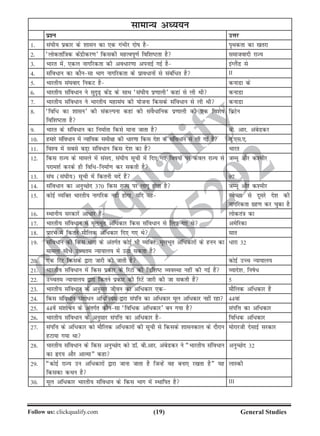 (19)Follow us: clickqualify.com General Studies
clickqualify
7210165292
lkekU; vè;;u
iz'u mÙkj
1- la?kh; izdkj ds 'kklu dk ,d xaHkhj nksk gS i`Fkdrk dk [krjk
2- ^yksdrkaf=kd dsanzhdj.k* fdldh egRoiw.kZ fof'kVrk gS lektoknh jkT;
3- Hkkjr esa] ,dy ukxfjdrk dh vo/kj.kk viukbZ xbZ gS baXySaM ls
4- lafo/ku dk dkSulk Hkkx ukxfjdrk ds izko/kuksa ls lacaf/r gS II
5- Hkkjrh; la?kokn fudV gS dukMk ds
6- Hkkjrh; lafo/ku us lqn`+ dsanz ds lkFk ^la?kh; iz.kkyh* dgka ls yh Fkh dukMk
7- Hkkjrh; lafo/ku us Hkkjrh; egkla?k dh ;kstuk fdlds lafo/ku ls yh Fkh dukMk
8- ^fof/ dk 'kklu* dh ladYiuk dgka dh laoS/kfud iz.kkyh dh ,d fo'ksk
fof'kVrk gS
fczVsu
9- Hkkjr ds lafo/ku dk fuekZrk fdls ekuk tkrk gS ch- vkj- vacsMdj
10- gekjs lafo/ku esa U;kf;d leh{kk dh /kj.kk fdl ns'k ds lafo/ku ls yh xbZ gS ;w-,l-,-
11- fo'o esa lcls cM+k lafo/ku fdl ns'k dk gS Hkkjr
12- fdl jkT; ds ekeys esa laln] la?kh; lwph esa fn, x, fok;ksa ij dsoy jkT; ls
ijke'kZ djds gh fof/fuekZ.k dj ldrh gS
tEew vkSj d'ehj
13- la?k (la?kh;) lwph esa fdruh ensa gSa 97
14- lafo/ku dk vuqPNsn 370 fdl jkT; ij ykxw gksrk gS tEew vkSj d'ehj
15- dksbZ O;fDr Hkkjrh; ukxfjd ugha gksxk] ;fn og LosPNk ls nwljs ns'k dh
ukxfjdrk xzg.k dj pqdk gS
16- LFkkuh; ljdkjsa vk/kj gSa yksdra=k dk
17- Hkkjrh; lafo/ku esa ewyHkwr vf/dkj fdl lafo/ku ls fy, x, Fks vesfjdk
18- izkjaHk esa fdrus ekSfyd vf/dkj fn, x, Fks lkr
19- lafo/ku dh fdl /kjk ds varxZr dksbZ Hkh O;fDr] ewyHkwr vf/dkjksa ds guu dk
ekeyk lh/s mPpre U;k;ky; esa mBk ldrk gS
/kjk 32
20- ,d fjV fdlds }kjk tkjh dh tkrh gS dksbZ mPp U;k;ky;
21- Hkkjrh; lafo/ku esa fdl izdkj ds fjVksa dh fof'kV O;oLFkk ugha dh xbZ gSa O;kns'k] fuks/
22- mPpre U;k;ky; }kjk fdrus izdkj dh fjVsa tkjh dh tk ldrh gSa 5
23- Hkkjrh; lafo/ku ds vuqlkj thou dk vf/dkj ,d ekSfyd vf/dkj gS
24- fdl lafo/ku la'kks/u vf/fu;e }kjk laifÙk dk vf/dkj ewy vf/dkj ugha jgk 44oka
25- 44osa la'kks/u ds varxZr dkSulk ^fof/d vf/dkj* cu x;k gS laifÙk dk vf/dkj
26- Hkkjrh; lafo/ku ds vuqlkj laifÙk dk vf/dkj gS fof/d vf/dkj
27- laifÙk ds vf/dkj dks ekSfyd vf/dkjksa dh lwph ls fdlds 'kkludky ds nkSjku
gVk;k x;k Fkk
eksjkjth nslkbZ ljdkj
28- Hkkjrh; lafo/ku ds fdl vuqPNsn dks MkW- ch-vkj- vacsMdj us ¶Hkkjrh; lafoèkku
dk ân; vkSj vkRek¸ dgk
vuqPNsn 32
29- ¶dksbZ jkT; mu vf/dkjksa }kjk tkuk tkrk gS ftUgsa og cuk, j[krk gS¸ ;g
fdldk dFku gS
ykLdh
30- ewy vf/dkj Hkkjrh; lafo/ku ds fdl Hkkx esa LFkkfir gS III
 