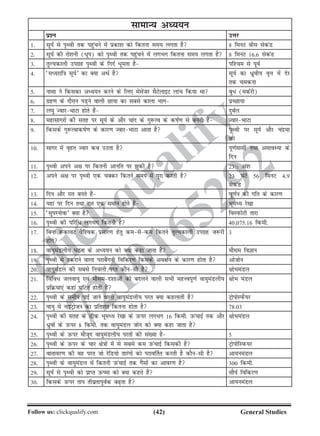 (42)Follow us: clickqualify.com General Studies
clickqualify
7210165292
lkekU; vè;;u
iz'u mÙkj
1- lw;Z ls i`Foh rd igqapus esa izdk'k dks fdruk le; yxrk gS 8 feuV chl lsdaM
2- lw;Z dh jks'kuh (/wi) dks i`Foh rd igqapus esa yxHkx fdruk le; yxrk gS 8 feuV 16-6 lsdaM
3- rqY;dkyh mixzg i`Foh ds fxnZ /werk gS if'pe ls iwoZ
4- ^eè;jkf=k lw;Z* dk D;k vFkZ gS lw;Z dk /zqoh; o`Ùk eas nsj
rd peduk
5- uklk us fdldk vè;;u djus ds fy, eslsatj lSVsykbV ykap fd;k Fkk cq/ (edZjh)
6- xzg.k ds nkSjku iM+us okyh Nk;k dk lcls dkyk Hkkx izPNk;k
7- y?kq TokjHkkVk gksrs gSa nqcZy
8- egklkxjksa dh lrg ij lw;Z ds vkSj pkan ds xq:Ro ds dkZ.k ls curh gSa TokjHkkVk
9- fdlds xq:RokdkZ.k ds dkj.k TokjHkkVk vkrk gS i`Foh ij lw;Z vkSj panzek
dk
10- lkxj esa o`gr Tokj dc mBrk gS iw.kZeklh rFkk vekoL;k ds
fnu
11- i`Foh vius v{k ij fdruh vkufr ij qdh gS 23½ va'k
12- vius v{k ij i`Foh ,d pDdj fdrus le; esa iwjk djrh gS 23 ?kaVs 56 feuV 4-9
lsdaM
13- fnu vkSj jkr curs gSa ?kw.kZu dh xfr ds dkj.k
14- ;gka ij fnu rFkk jkr ,d leku gksrs gSa Hkweè; js[kk
15- ^lqijuksok* D;k gS foLiQksVh rkjk
16- i`Foh dh ifjf/ yxHkx fdruh gS 40]075-16 fdeh-
17- fcuk :dkoV oSf'od izlkj.k gsrq delsde fdrus rqY;dkyh mixzg t:jh
gksaxs
3
18- ok;qeaMyh; ?kVuk ds vè;;u dks D;k dgk tkrk gS ekSle foKku
19- i`Foh ls Vdjkus okyk ijkcSaxuh fofdj.k fdlds vo{k; ds dkj.k gksrk gS vkstksu
20- ok;qeaMy dh lcls fupyh ijr dkSulh gS {kksHkeaMy
21- fofo/ tyok;q ,oa ekSlen'kkvksa dks cnyus okyh lHkh egÙoiw.kZ ok;qeaMyh;
izfØ;k,a dgka ?kfVr gksrh gSa
{kksHk eaMy
22- i`Foh ds lehi ikbZ tkus okyh ok;qeaMyh; ijr D;k dgykrh gS VªksiksLiQS;j
23- ok;q esa ukbVªkstu dk izfr'kr fdruk gksrk gS 78-03
24- i`Foh dh lrg ds Bhd Hkweè; js[kk ds mQij yxHkx 16 fdeh- mQapkbZ rd vkSj
/zqoksa ds mQij 8 fdeh- rd ok;qeaMy tksu dks D;k dgk tkrk gS
{kksHkeaMy
25- i`Foh ds mQij ekStwn ok;qeaMyh; ijrksa dh la[;k gS 5
26- i`Foh ds mQij ds pkj {ks=kksa esa ls lcls de mQapkbZ fdldh gS VªksiksfLiQ;j
27- okrkoj.k dh og ijr tks jsfM;ks rkjaxksa dks ijko£rr djrh gS dkSulh gS vk;ueaMy
28- i`Foh ds ok;qeaMy esa fdruh mQapkbZ rd xSalksa dk vkoj.k gS 300 fdeh-
29- lw;Z ls i`Foh dks izkIr mQek dks D;k dgrs gSa lkS;Z fofdj.k
30- fdlds mQij rki rhozrkiwoZd c+rk gS vk;ueaMy
 