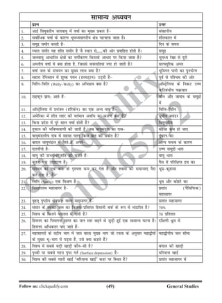 (49)Follow us: clickqualify.com General Studies
clickqualify
7210165292
lkekU; vè;;u
iz'u mÙkj
1- vknzZ fokqorh; tyok;q esa okkZ dk eq[; izdkj gS laoguh;
2- lokZf/d okkZ ds dkj.k Hkweè;lkxjh; {ks=k igpkuk tkrk gSA 'khrdky esa
3- leqnz lehj curh gS fnu ds le;
4- LFky lehj og 'khr lehj gS tS LFky ls------dh vksj izokfgr gksrh gSA leqnz
5- tyok;q vk/kfjr {ks=kksa dk oxhZdj.k fdlds vk/kj ij fd;k tkrk gS Hkweè; js[kk ls nwjh
6- vEyh; okkZ esa D;k gksrk gS] ftlls ouLifr;ka uV gks tkrh gS lYÝ;wfjd vEy
7- okkZ ty ds lap;u dk eq[; ykHk D;k gS Hkwfexr ikuh dk iquHkZj.k
8- lgkjk jsfxLrku esa 'kqd iou (gjeV~Vu) mM+rh gS iwoZ ls if'pe dh vksj
9- fofyfofy (Willy–Willy) dk vfHkizk; D;k gS vkWLVªsfy;k ds fudV m.k
dfVca/h; pØokr
10- VkbiQwu izk;% vkrs gSa phu vkSj tkiku ds leqnzksa
esa
11- vkWLVªsfy;k esa izHkatu (gfjdsu) dk ,d vU; uke gS fofyfofy
12- vesfjdk esa 'khr ygj dh orZeku vof/ dk dkj.k D;k gS /zqoh; coaMj
13- fdl izns'k esa iwjs lky okkZ gksrh gS fokqorh;
14- rwiQku dh Hkfo;ok.kh dh tkrh gS] tc ok;qeaMy dk nkc lglk de gks tk,
15- ok;qeaMyh; nkc esa lglk iru fdl ckr dk ladsr gS rwiQku dk
16- ckny ok;qeaMy esa rSjrs gSa] vius vYi ?kuRo ds dkj.k
17- ,yuhuks gS m.k leqnzh /kjk
18- ok;q dh mQèokZ/j xfr dks dgrs gSa ok;q /kjk
19- dqgjk ,d mnkgj.k gS xSl esa ifjf{kIr nzo dk
20- la?kuu dk ,d :i tks n`';rk de dj nsrk gS vkSj 'okl dh leL;k,a iSnk
dj nsrk gS] gS
/wezdqgklk
21- LekWx (Smog) ,d feJ.k gS /we vkSj dksgjs dk
22- fo'kkyre egklkxj gS iz'kkar (iSflfiQd)
egklkxj
23- o`gr~ i`Bh; {ks=kiQy okyk egklkxj gS iz'kkar egklkxj
24- lalkj ds LoPN ty dk fdruk izfr'kr fgekuh ciQZ ds :i esa HkaMkfjr gS 70»
25- fo'o ds fdrus /jkry esa ikuh gS 70 izfr'kr
26- fgeun dk fi?kyuk lkxj dk ty Lrj c+us ls tqM+h gqbZ ,d lkekU; ?kVuk gSA
fgeun vf/drj ik, tkrs gSa
nf{k.kh /zqo esa
27- egklkxjksa ds rVh; Hkkx esa ty okyk eq[; Hkkx tks jpuk ds vuqlkj egk}hiksa
ds eq[; HkwHkkx esa iM+rk gS] mls D;k dgrs gSa
egk}hih; ty lhek
28- fo'o esa lcls cM+h [kkM+h dkSulh gS caxky dh [kkM+h
29- i`Foh ij lcls xgjk i`B xrZ (Surface depression) gS efj;kuk [kkbZ
30- fo'o dh lcls xgjh [kkbZ ^efj;kuk [kkbZ* dgka ij fLFkr gS iz'kkar egklkxj esa
 