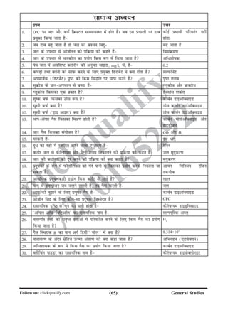 (65)Follow us: clickqualify.com General Studies
clickqualify
7210165292
lkekU; vè;;u
iz'u mÙkj
1- O0
C ij ty vkSj ciQZ fØLVy lkE;koLFkk esa gksrs gSaA tc bl iz.kkyh ij nkc
iz;qDr fd;k tkrk gS
dksbZ izHkkoh ifjorZu ugha
gksrk
2- tc nkc c+ tkrk gS rks ty dk DoFku fcanq c+ tkrk gS
3- ty ds mipkj esa vkstksuu dh izfØ;k dks dgrs gSa folaØe.k
4- ty ds mipkj esa pkjdksy dk iz;ksx fdl :i esa fd;k tkrk gS vf/'kkskd
5- is; ty esa vof'kV Dyksjhu dh vuqer lkanzrk] mg/L esa] gS 0-2
6- diM+ksa rFkk crZuksa dks lkiQ djus ds fy, iz;qDr fMVt±sV esa D;k gksrk gS lYiQksusV
7- viektZd (fMVt±sV) i`B dks fdl fl¼kar ij lkiQ djrs gSa i`B ruko
8- lqØkst ds tyvi?kVu ls curk gS Xywdkst vkSj ÚDVkst
9- Xywdkst fdldk ,d izdkj gS gsDlksl 'kdZjk
10- 'kqd ciQZ fdldk Bksl :i gS dkcZu MkbvkWDlkbM
11- lw[kh ciQZ D;k gS Bksl dkcZu MkbZvkWDlkbM
12- lw[kh ciQZ (Mªkb vkbl) D;k gS Bksl dkcZu MkbZvkWDlkbM
13- Hkkivaxkj xSl fdldk feJ.k gksrh gS dkcZu eksuksvkWDlkbM vkSj
gkbMªkstu
14- ty xSl fdldk la;kstu gS CO vkSj H2
15- ejdjh gS nzo /krq
16- nw/ dks ngh esa Ldafnr djus okyk ,Utkbe gS jsfuu
17- dBksj ty ls dSfY'k;e vkSj eSXuhf'k;e fudkyus dh izfØ;k dks dgrs gSa ty e`nqdj.k
18- ty dh dBksjrk dks nwj djus dh izfØ;k dks D;k dgrs gSa e`nqdj.k
19- iznwkdksa ds :i esa iQhuksfyDl dks xans ikuh ls fdldk iz;ksx djds fudkyk tk
ldrk gS
vk;u fofue; jsftu
rduhd
20- vR;f/d iznwk.kdkjh m|ksx fdl dksfV esa vkrs gSa yky
21- ok;q esa gkbMªkstu tc tyus yxrh gS] rc iSnk djrh gS ty
22- vkx dks cqkus ds fy, iz;qDr xSl gS dkcZu MkbvkWDlkbM
23- vkstksu fNnz ds fy, dkSulk iznwkd ftEesnkj gS CFC
24- jklk;fud n`fV ls pwus dk ikuh gksrk gS dSfY'k;e gkbMªkWDlkbM
25- ^vkW;y vkWiQ fofVªvkWy* dk jklk;fud uke gS lYÝ;wfjd vEy
26- ouLifr rsyksa dks lar`Ir olkvksa esa ifjo£rr djus ds fy, fdl xSl dk iz;ksx
fd;k tkrk gS
H2
27- xSl fLFkjkad R dk eku vxZ fMxzh1
eksy1
esa D;k gS 8.314×107
28- okrkoj.k ds vanj {kSfrt mQek varj.k dks D;k dgk tkrk gS vfHkogu (,MosD'ku)
29- vfXu'kked ds :i esa fdl xSl dk iz;ksx fd;k tkrk gS dkcZu MkbvkWDlkbM
30- Cyhfpax ikmMj dk jklk;fud uke gS dSfY'k;e gkbiksDyksjkbV
 