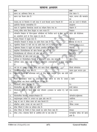 (67)Follow us: clickqualify.com General Studies
clickqualify
7210165292
lkekU; vè;;u
iz'u mÙkj
1- ck:n dk vkfodkj fd;k Fkk jkstj csdu us
2- ck:n ,d feJ.k gksrk gS ukbVj] lYiQj vkSj pkjdksy
dk
3- ijek.kq ce ds foLiQksV esa Hkkjh ek=kk esa mQtkZ fdlds dkj.k fudyh gS nzO; dk mQtkZ esa ifjorZu
4- VªkbfV;e fdldk leLFkkfud gS gkbMªkstu
5- Hkkjr esa U;wDyh;j foLiQksVd lk/uksa dk ijh{k.k fd;k x;k Fkk iks[kj.k esa
6- ijek.kq 'kfDr la;a=k fdl fl¼kar ij dke djrk gS fo[kaMu
7- ukfHkdh; fo[kaMu ds nkSjku Ük`a[kyk vfHkfØ;k dks fu;af=kr djus ds fy, U;wVªkWuksa
dk vo'kksk.k djus ds fy, iz;qDr nks rÙo gSa
cksjkWu vkSj dSMfe;e
8- ijek.kq fj,DVj esa iz;qDr b±/u gS ;wjsfu;e
9- ukfHkdh; fj,DVjksa esa xzsiQkbV dk iz;ksx fd;k tkrk gS foeand ds :i esa
10- U;wDyh;j fj,DVj esa Hkkjh ty dk iz;ksx fdl :i esa fd;k tkrk gS fu;ked (Moderator)
11- U;wfDy;j fj,DVj esa U;wVªkWu dks fdlls voeafnr fd;k tkrk gS ekWMjsVj
12- izkÑfrd jsfM;ks,fDVork dh [kkst fdlds }kjk dh xbZ gsujh cSdsjy
13- jsfM;ks,fDVork dh ifj?kVuk dh [kkst dh Fkh cSdsjy us
14- jsfM;ks/£erk dh [kkst buds }kjk gqbZ cSdsjy
15- ;wjsfu;e ds jsfM;ks,fDVo fo?kVu ds iQyLo:i varr% D;k curk gS lhlk (ysM)
16- ;wjsfu;e varr% fdl rÙo ds LFkk;h vkblksVksi (leLFkkfud) esa cny tkrk
gS
lhlk
17- peZ jksx ds mipkj esa iz;ksx fd;k tkus okyk jsfM;ks vkblksVksi gS jsfM;ks iQkWLiQksjl
18- jsfM;ks,fDVork dks ekik tkrk gS xkbxjeqyj dkmaVj }kjk
19- U;wfDy;j f=kT;k dks vfHkO;Dr djus ds fy, lcls mi;qDr ;wfuV D;k gksrh
gS
iQehZ
20- fdlh jsfM;kslfØ; inkFkZ dk vk/k thou pkj eghuksa dk gksrk gSA mldk
rhupkSFkkbZ Hkkx fdrus eghuksa esa uV gks tkrk gS
8 eghus
21- jsfM;ks/ehZ vfØ; xSl D;k gS Rn
22- jsfM;ks/£erk dh [kkst fdlus dh Fkh gsujh csdsjy
23- jsfM;ks/ehZ inkFkZ esa fdl nkSjku dksbZ ifjorZu (nzO;eku ;k vkos'k esa) ugha
gksrk
xkekmRltZu
24- jsfM;ks/£erk fdldk vo[kaMu@fo[kaMu gS ukfHkdh;@U;wfDy;l
25- ukbVªkstu;qDr moZjd ds mRiknu dk eq[; lzksr D;k gS veksfu;k
26- leqnz ds ty esa vkSlr yo.k dh ek=kk fdruh gS 3-5»
27- lfØf;r vkiad mipkj dks D;k dgrs gSa tSfod mipkj
28- lhlk isaflyksa esa lhlk dk izfr'kr gksrk gS 0
29- lhlk isafly ds fuekZ.k esa fdl lkexzh dk iz;ksx fd;k tkrk gS xzsiQkbV
30- lhlk (ysM) lapkyd cSVjh ds vkosf'kr gksus ij D;k gksrk gS lYÝ;wfjd ,flM dh [kir
gksrh gSA
 