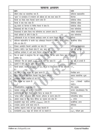 (69)Follow us: clickqualify.com General Studies
clickqualify
7210165292
lkekU; vè;;u
iz'u mÙkj
1- csfdax lksMk dk jklk;fud uke gS lksfM;e ckbdkcksZusV
2- ^lqxj* ls ,Ydksgy esa :ikarj.k dh izfØ;k dks D;k dgk tkrk gS fd.ou
3- fljds dk frDr Lokn fdlds dkj.k gksrk gS ,flfVd ,flM
4- fljds esa D;k ik;k tkrk gS ,sflfVd ,flM
5- b{kq'kdZjk ds fd.ou ls fufeZr fljds esa gksrk gSA ,flfVd ,flM
6- fn;klykbZ dh uksd esa gksrk gS yky iQkWLiQksjl
7- fn;klykbZ esa iz;ksx fd;k x;k iQkWLiQksjl dk vij:i gksrk gS yksfgr iQkWLiQksjl
8- lsÝVh ekfplksa ds 'khkZ esa gksrk gS yky iQkWLiQksjl
9- vkfr'kckth esa gjk jax fdlds DyksjkbM yo.k ds dkj.k fn[kkbZ nsrk gS csfj;e
10- lksfM;e ckbZdkcksZusV ls dkcZu MkbvkWDlkbM fudkyus esa foiQy vEy (,flM)
dkSulk gksrk gS
dkcksZfud ,sflM
11- fVaDpj vk;ksMhu fdlesa vk;ksMhu dk ?kksy gS iksVSf'k;e vk;ksMkbM
12- elkyk (ekWVZj) ,d feJ.k gksrk gS] ty] ckyw vkSj cqs gq, pwus dk
13- lokZf/d bLrseky esa vkus okyk fojatu vfHkdeZd D;k gS Dyksjhu
14- xSl ds xqCckjs esa gkbMªkstu xSl dh txg ghfy;e xSl dk iz;ksx fd;k tkrk gS
D;ksafd ;g
vnká
15- ^ghfy;e* xSl dks xqCckjksa (Balloons) esa D;ksa Hkjk tkrk gS og ok;q ls gYdh gS
16- xqCckjksa esa dkSulh xsl iz;ksx dh tkrh gS ghfy;e
17- fdlh lkexzh (inkFkZ) dk lkanz.k tks 50» i'kqvksa ds fy, ?kkrd gS] D;k dgykrk
gS
LC50
18- cMs+ uxjksa esa ok;q iznqk.k dk eq[; dkj.k gS fuyafcr d.k
19- czkmu ,;j 'kCn dk iz;ksx fdlds fy, fd;k tkrk gS izdk'k jklk;fud /qvka
20- rktegy fdlls izHkkfor gks jgk gS SO2
21- xkS.k iznwkd dk mnkj.k gS PAN (isjksDlh ,lhfVy
ukbVªsV)
22- isjksDlh,slhfVy ukbVªsV D;k gS xkS.k iznwkd
23- ikbjkbV v;Ld dks tykus esa feyrh gS lYiQj MkbvkWDlkbM xSl
24- DyksjksiQkWeZ dk iz;ksx fdl :i esa fd;k tk ldrk gS fu'psrd
25- ^dksdk dksyk* dk [kV~Vk Lokn fdlds vfLrRo ds dkj.k gksrk gS iQkWLiQksfjd ,flM
26- vkWDVsu la[;k ds fy, fdl ;kSfxd dk U;wure eku gksrk gS n– gsIVsu
27- gkbMªkWDlh lewg okyk vkxZfud (Organic) vEy gS dkcksZfyd vEy
28- mPpre vk;uu mQtkZ okyk rÙo gS ghfy;e
29- vkarfjd laØe.k rÙoksa dh dqy la[;k fdruh gS 28
30- ,YdksgkWyh (OH) lewg dh igpku dh tk ldrh gS FeCl3
ijh{k.k }kjk
 