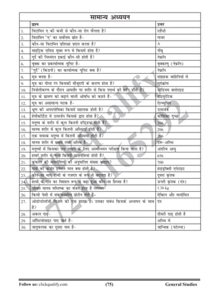 (75)Follow us: clickqualify.com General Studies
clickqualify
7210165292
lkekU; vè;;u
iz'u mÙkj
1- foVkfeu , dh deh ls dkSulk jksx iQSyrk gS jrkSa/h
2- foVkfeu ^,* dk loksZÙke lzksr gS xktj
3- dkSulk foVkfeu izfrj{kk iznku djrk gS A
4- lkbfVªd ,flM eqDr :i esa fdlesa gksrk gS uhacw
5- xqnsZ dh fuL;anu bdkbZ dkSulh gksrh gS usÚkWu
6- o`Dd dk izdk;kZRed ;wfuV gS o`Ddk.kq (usÚkWu)
7- ^xqnsZ* (fdMuh) dk dk;kZRed ;wfuV D;k gS usÚkWu
8- ew=k curk gS laxzkgd okfgfu;ksa esa
9- ew=k dk ihyk jax fdldh ekStwnxh ds dkj.k gksrk gS ;wjksØkse
10- futZyhdj.k ds nkSjku vkerkSj ij 'kjhj ls fdl inkFkZ dh gkfu gksrh gS lksfM;e DyksjkbM
11- ew=k ds lzko.k dks c+kus okyh vkskf/ dks dgrs gSa Mkb;wjsfVd
12- ew=k dk vlkekU; ?kVd gS ,sYC;qfeu
13- Hkzw.k dh vijkiksfkdk fdlesa lgk;d gksrh gS mRltZu
14- gsehdkWMsZVk eas mRltZu fdlds }kjk gksrk gS dksf'kdk xqPN
15- euq; ds 'kjhj esa dqy fdruh gfM~M;ka gksrh gSa 206
16- ekuo 'kjhj esa dqy fdruh vfLFk;ka gksrh gSa 206
17- ,d o;Ld euq; esa fdruh vfLFk;ka gksrh gSa 206
18- ekuo 'kjhj esa lcls yach vfLFk gS m:vfLFk
19- euq;ksa esa fdldk irk yxkus ds fy, vLFkhHkou ijh{k.k fd;k tkrk gS varfje vk;q
20- gekjs 'kjhj esa dqy fdruh ekalisf'k;ka gksrh gSa 656
21- dadky dh ekalisf'k;ksa dh vuqekfur la[;k crkb, 700
22- nkarksa dh dBksj busey ijr D;k gksrh gS gkbMªkWDlh ,isVkbV
23- dkSulk Hkkx gkFkh ds xtnar ds :i esa cnyrk gS nwljk Ñard
24- gkFkh ds nkar dk fo'kky :i ls c+k gqvk dkSulk fgLlk gS mQijh Ñard (nar)
25- vkSlr ekuo efLrd dk otu gksrk gS yxHkx 1.36 kg
26- fdlh is'kh esa ladqpu'khy izksVhu gksrs gSa ,sfDVu vkSj ek;ksflu
27- vksMksUVksykWth foKku dh ,d 'kk[kk gSA mldk laca/ fdlds vè;;u ds lkFk
gS
nar
28- vdy nk+ rhljh nk+ gksrh gS
29- vkWfLV;kslkbV ik, tkrs gSa vfLFk esa
30- tkuqiQyd dk nwljk uke gS tkfUod (iVsYyk)
 