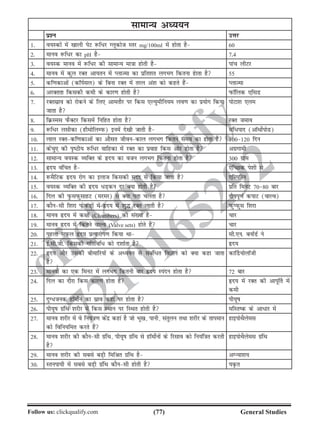 (77)Follow us: clickqualify.com General Studies
clickqualify
7210165292
lkekU; vè;;u
iz'u mÙkj
1- o;Ldksa eas [kkyh isV :f/j Xywdkst Lrj mg/100ml esa gksrk gS 60
2- ekuo :f/j dk pH gS 7-4
3- o;Ld ekuo esa :f/j dh lkekU; ek=kk gksrh gS ikap yhVj
4- ekuo esa dqy jDr vk;ru esa IykTek dk izfr'kr yxHkx fdruk gskrk gS 55
5- df.kdkvksa (dkWiZly) ds fcuk jDr esa rjy va'k dks dgrs gSa IykTek
6- vjDrrk fdldh deh ds dkj.k gksrh gS iQkWfyd ,flM
7- jDrlzko dks jksdus ds fy, vkerkSj ij fdl ,Y;qehfu;e yo.k dk iz;ksx fd;k
tkrk gS
iksVk'k ,ye
8- fØLel iQSDVj fdlesa fufgr gksrk gS jDr teko
9- :f/j ylhdk (gheksfyEiQ) buesa ns[kh tkrh gS laf/ikn (vkWFkksZiksM)
10- yky jDrdf.kdkvksa dk vkSlr thoudky yxHkx fdrus le; dk gksrk gS 100120 fnu
11- dsapq, dh i`Bh; :f/j okfgdk esa jDr dk izokg fdl vksj gksrk gS vxzxkeh
12- lkekU; o;Ld O;fDr ds ân; dk otu yxHkx fdruk gksrk gS 300 xzke
13- ân; oafpr gS ,sfPNd is'kh ls
14- :eSfVd ân; jksx dk bykt fdldh enn ls fd;k tkrk gS ,fLifju
15- o;Ld O;fDr dh ân; /M+du nj D;k gksrh gS izfr feuV 7080 ckj
16- fny dh iqQliQqlkgV (ejej) ls D;k irk pyrk gS nkskiw.kZ dikV (okYo)
17- dkSulh f'kjk iQsiQM+ksa eas ân; esa 'kq¼ jDr ykrh gS iQqIiQql f'kjk
18- ekuo ân; eas d{kksa (Chambers) dh la[;k gS pkj
19- ekuo ân; esa fdrus okYo (Valve sets) gksrs gSa pkj
20- igyk liQy ân; izR;kjksi.k fd;k Fkk lh-,u- cukZMZ us
21- bZ-lh-th- fdldh xfrfof/ dks n'kkZrk gS ân;
22- ân; vkSj mldh chekfj;ksa ds vè;;u ls lacaf/r foKku dks D;k dgk tkrk
gS
dk£M;ksykWth
23- ekuoksa dk ,d feuV esa yxHkx fdruh ckj ân; Lianu gksrk gS 72 ckj
24- fny dk nkSjk fdl dkj.k gksrk gS ân; esa jDr dh vkiw£r esa
deh
25- nqX/tud gkWeksZu dk lzko dgka ij gksrk gS ih;wk
26- ih;wk xzafFk 'kjhj esa fdl LFkku ij fLFkr gksrh gS efLrd ds vk/kj esa
27- ekuo 'kjhj esa os fu;a=k.k dsanz dgka gS tks Hkw[k] ikuh] larqyu rFkk 'kjhj ds rkieku
dks fofu;fer djrs gSa
gkbiksFkSysel
28- ekuo 'kjhj dh dkSulh xzafFk] ih;wk xzafFk ls gkWeksZuksa ds fjlko dks fu;af=kr djrh
gS
gkbiksFkSysel xzafFk
29- ekuo 'kjhj dh lcls cM+h fefJr xzafFk gS vXU;k'k;
30- Lruik;h esa lcls cM+h xzafFk dkSulh gksrh gS ;Ñr
 