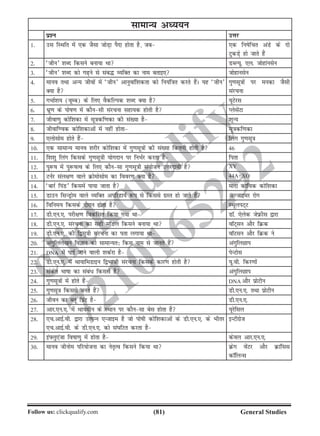 (81)Follow us: clickqualify.com General Studies
clickqualify
7210165292
lkekU; vè;;u
iz'u mÙkj
1- ml fLFkfr esa ,d tSlk tksM+k iSnk gksrk gS] tc ,d fuksfpr vaMs ds nks
VqdMs+ gks tkrs gSa
2- ^thu* 'kCn fdlus cuk;k Fkk MCY;w- ,y- tksgkaulsu
3- ^thu* 'kCn dks x+us ls lac¼ O;fDr dk uke crkb, tksgkulsu
4- ekuo rFkk vU; thoksa eas ^thu* vkuqokaf'kdrk dks fu;af=kr djrs gSaA ;g ^thu*
D;k gS
xq.klw=kksa ij eudk tSlh
lajpuk
5- xHkkZ'k; (owEc) ds fy, oSdfYid 'kCn D;k gS ;wVsjl
6- Hkwz.k ds iksk.k esa dkSulh lajpuk lgk;d gksrh gS IyslasVk
7- thok.kq dksf'kdk esa lw=kdf.kdk dh la[;k gS 'kwU;
8- thokf.od dksf'kdkvksa eas ugha gksrk lw=kdf.kdk
9- ,ykslkse gksrs gSa fyax xq.klw=k
10- ,d lkekU; ekuo 'kjhj dksf'kdk esa xq.klw=kksa dh la[;k fdruh gksrh gS 46
11- f'k'kq fyax fdlds xq.klw=kh ;ksxnku ij fuHkZj djrk gS firk
12- iq:k esa iq:kRo ds fy, dkSulk xq.klw=kh la;kstu mÙkjnk;h gS XY
13- VuZj lay{k.k okys Øksekslkse dk fooj.k D;k gS 44A+XO
14- ^ckjZ fiaM* fdlesa ik;k tkrk gS eknk dkf;d dksf'kdk
15- Mkmu flUMªkse okys O;fDr vifjgk;Z :i ls fdlls xzLr gks tkrs gSa vYtkbej jksx
16- fofue; fdlds nkSjku gksrk gS LFkwyiV~V
17- Mh-,u-,- ijh{k.k fodflr fd;k x;k Fkk MkW- ,sysd tsÚhl }kjk
18- Mh-,u-,- lajpuk dk lgh ekWMy fdlus cuk;k Fkk okWV~lu vkSj fØd
19- Mh-,u-,- dh f}lw=kh lajpuk dk irk yxk;k Fkk okWVlu vkSj fØd us
20- vaxqfyys[ku foKku dks lkekU;r% fdl uke ls tkurs gSa vaxqfyNki
21- DNA eas ikbZ tkus okyh 'kdZjk gS isUVksl
22- Mh-,u-,- esa Fkk;kfeMkbu f}Hkkth lajpuk fdlds dkj.k gksrh gS ;w-oh- fdj.kksa
23- ladsr Hkkkk dk laca/ fdlls gS vaxqfyNki
24- xq.klw=kksa esa gksrs gSa DNA vkSj izksVhu
25- xq.klw=k fdlls curs gSa Mh-,u-,- rFkk izksVhu
26- thou dk Cyw fizaV gS Mh-,u-,-
27- vkj-,u-,- esa Fkk;ehu ds LFkku ij dkSulk csl gksrk gS ;wjsfly
28- ,p-vkbZ-oh- }kjk mRiUu ,Utkbe gS tks ikskh dksf'kdkvksa ds Mh-,u-,- ds Hkhrj
,p-vkbZ-oh- ds Mh-,u-,- dks la?kfVr djrk gS
bUVhxzst
29- baÝyq,atk fokk.kq eas gksrk gS dsoy vkj-,u-,-
30- ekuo thukse ifj;kstuk dk usr`Ro fdlus fd;k Fkk Øsx osaVj vkSj Økafll
dkWfyUl
 