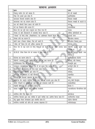 (83)Follow us: clickqualify.com General Studies
clickqualify
7210165292
lkekU; vè;;u
iz'u mÙkj
1- funzkyq O;kf/ jksx dh okgd gS lhlh eD[kh
2- funzk jksx blds }kjk gksrk gS VªkbiSukslksek
3- dknktkj fdlls lapkfjr gksrk gS fldrk eD[kh
4- dkyktkj Toj dk lapj.k gksrk gS fldrk eD[kh ds dkVus ls
5- nkn dh chekjh fdl izdkj dh gksrh gS iQaxy`````````````````````````````````````````````````````````````````````````````````````````
6- nnZ dk fuokj.k dkSu djrk gS ,uytSfld
7- fdl jksx dk iwjh rjg mUewyu dj fn;k x;k gS pspd
8- pspd ds izfr Vhdkdj.k esa lekos'k fd;k tkrk gS thfor izfrjf{k;ksa dk
9- ^pspd* ds fy, Vhds (oSDlhus'ku) dk vkfodkj fdlus fd;k Fkk ,MoMZ tsuj
10- pspd gksus dk dkj.k gS oSfjvksyk ok;jl
11- NksVh ekrk (fpdu ikWDl) iSnk dh tkrh gS oSfjvksyk fokk.kq }kjk
12- ^ykWdtkW* fdl jksx dh vafre voLFkk gS fVVsul
13- fdl jksx ls j{kk djus ds fy, f'k'kqvksa dks Mh-ih-Vh- dk Vhdk yxk;k tkrk
gS
jksfg.kh] dqdqj [kkalh rFkk
fVVsul ls
14- Mh-ih-Vh- Vhdk fdl jksx ds cpko esa fn;k tkrk gS jksfg.kh] dqdqj [kkalh rFkk
fVVsul
15- fVVsul dk dkj.k gksrk gS DykWfLVªfM;e fVVsuh
16- jksfg.kh (xy?kksaVw) vkSj bUÝyw,atk ds gksus dk D;k dkj.k gS thok.kq vkSj fokk.kq
17- ,aVsjksfc;lrk iSnk dh tkrh gS fiud`fe }kjk
18- xylqvk (eEIl) ,d ok;jy jksx gS tks lwtu iSnk djrk gS d.kZiw.kZ xzafFk esa
19- fdl izk.kh dks fdlku dk fe=k dgk tkrk gS dsapqvk
20- VkbiQkWbM cq[kkj fdlds }kjk gksrk gS thok.kq
21- dkSulk jksx jDrnku ls ugha iQSyrk VkbiQkWbM
22- ihfy;k jksx fdlds laØe.k ls gksrk gS ;d`r
23- dkSulk jksx ukbVªsV lanwfkr Hkkstu rFkk ty ds miHkksx }kjk gksrk gS CY;w csch flUMªkse
24- lhesaV iQSDVjh ds etnwjksa dks D;k gksus dh laHkkouk jgrh gSa ,LcsLVksfll
25- ysizkWlh csflyl dk vkfodkj fd;k Fkk gSUlsu us
26- ?kkrd eysfj;k iQSykus okys eysfj;k ijthoh IykTeksfM;e iQSYlhisje gksrs
gSa
27- eysfj;k dkSu iSnk djrk gS izksVkstksvk
28- eysfj;k fdlds }kjk ,d O;fDr ls nwljs O;fDr rd varfjr fd;k tkrk gS ,ukfiQyht ePNj
29- Msaxw cq[kkj fdl jksxokgd }kjk lapfjr gksrk gS ,sMht ,sftIVh
30- eysfj;k ijthoh dh dkSulh voLFkk laØked gS LiksjkstksvkbV
 