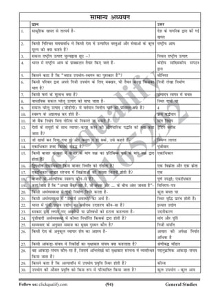 (94)Follow us: clickqualify.com General Studies
clickqualify
7210165292
lkekU; vè;;u
iz'u mÙkj
1- lkewfgd [kir ls rkRi;Z gS ns'k ds ukxfjd }kjk dh xbZ
[kir
2- fdlh fuf'pr le;kof/ esa fdlh ns'k esa mRikfnr oLrqvksa vkSj lsokvksa ds dqy
ewY; dks D;k dgrs gSa
jkVªh; vk;
3- ldy jkVªh; mRikn ewY;ßkl NwV = fuoy jkVªh; mRikn
4- Hkkjr esa jkVªh; vk; ds izkDdyu rS;kj fd, tkrs gSa dsanzh; lkaf[;dh; laxBu
}kjk
5- fdlus dgk gS fd ¶C;kt miHkksxLFkxu dk iqjLdkj gS¸ lhfu;j
6- fdlh ifjokj }kjk vius futh mi;ksx ds fy, eD[ku] ?kh rS;kj djuk fdldk
Hkkx gS
futh ys[kk fuekZ.k
7- fdlh iQeZ ds lqykHk D;k gSa mRiknu ykxr esa cpr
8- okLrfod ldy ?kjsyw mRikn dks ekik tkrk gS fLFkj nkeksa ij
9- ldy ?kjsyw mRikn (thMhih) esa orZeku foÙkh; ?kkVs dk izfr'kr D;k gS 4
10- Lo:i ds vizR;{k dj gksrs gSa Øe o¼Zeku
11- tks cSad fu{ksi fcuk uksfVl ds fudkys tk ldrs gSa ekax fu{ksi
12- ns'kksa ds lewgksa ds lkFk O;kikjdjkj djus dh vkSipkfjd i¼fr dks D;k dgk
tkrk gS
VªsfMax CykWd
13- tks [kpkZ dj fn;k x;k gks vkSj olwy u gks lds] mls dgrs gSa fueXu ykxr
14- ,dkf/dkj 'kCn fdlls lac¼ gS iwathokn
15- fdlh cktkj lajpuk esa cktkj ds ekax oØ dk izfrfcEc iQeZ ds ekax oØ }kjk
gksrk gS
,dkf/dkj
16- f}i{kh; ,dkf/dkj fdl cktkj fLFkfr dks n'kkZrk gS ,d foØsrk vkSj ,d Øsrk
17- ,dkf/dkj cktkj lajpuk esa foØsrkvksa dh la[;k fdruh gksrh gS ,d
18- cktkjksa ds vkR;afrd Lo:i dkSuls gSa iw.kZ Li¼kZ_ ,dkf/dkj
19- dgk tkrk gS fd ¶vPNk cSadj og gS] tks ca/d vkSj ---- ds chp varj tkurk gS¸ fofue;i=k
20- fdlh vFkZO;oLFkk esa iwath fuekZ.k fuHkZj djrk gS dqy cpr ij
21- fdlh vFkZO;oLFkk esa ^mRdkZ voLFkk* dk vFkZ gS fLFkj o`f¼ izkjaHk gksrh gSA
22- Hkkjr esa iwath iz/ku m|ksx dk loksZÙke mnkgj.k dkSulk gS bLikr m|ksx
23- ljdkj }kjk yxk, x, vojks/h ;k izfrca/ksa dks gVkuk dgykrk gS mnkjhdj.k
24- iwathoknh vFkZO;oLFkk esa dher fu/kZfjr fdlds }kjk gksrh gS ekax vkSj iw£r
25- lkE;okn ds vuqlkj lekt dk eq[; nq'eu dkSu gS futh laifÙk
26- fdlh ns'k ds vuqdwy O;kikj 'ksk dk vk'k; gS vk;kr dh vis{kk fu;kZr
vf/d gS
27- fdlh vkadM+klap; esa fjdkWMks± dk o`{kkdkj lap; D;k dgykrk gS Js.khc¼ ekWMy
28- og vkadM+klap; dkSulk gS] ftlesa vfHkys[kksa dks o`{kkdkj lajpuk esa O;ofLFkr
fd;k tkrk gS
inkuqØfed vkadM+klap;
29- fdlus dgk gS fd vYikof/ esa miHkksx izo`fÙk fLFkj gksrh gS dhUt
30- miHkksx dh vkSlr izo`fÙk dks fdl :i esa ifjHkkfkr fd;k tkrk gS dqy miHkksx ÷ dqy vk;
 