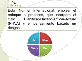 Esta Norma Internacional emplea el
enfoque a procesos, que incorpora el
ciclo Planificar-Hacer-Verificar-Actuar
(PHVA) y el pensamiento basado en
riesgos.
 