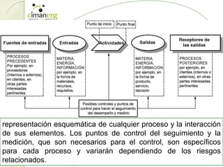 representación esquemática de cualquier proceso y la interacción
de sus elementos. Los puntos de control del seguimiento y la
medición, que son necesarios para el control, son específicos
para cada proceso y variarán dependiendo de los riesgos
relacionados.
 