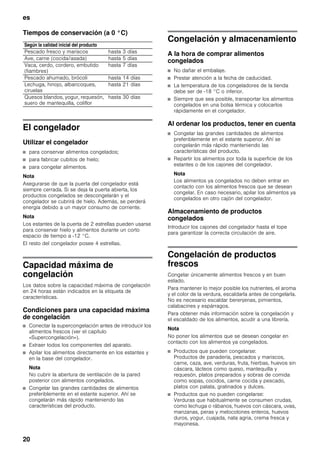 es
20
Tiempos de conservación (a 0 °C)
El congelador
Utilizar el congelador
■ para conservar alimentos congelados;
■ para fabricar cubitos de hielo;
■ para congelar alimentos.
Nota
Asegurarse de que la puerta del congelador está
siempre cerrada. Si se deja la puerta abierta, los
productos congelados se descongelarán y el
congelador se cubrirá de hielo. Además, se perderá
energía debido a un mayor consumo de corriente.
Nota
Los estantes de la puerta de 2 estrellas pueden usarse
para conservar hielo y alimentos durante un corto
espacio de tiempo a -12 °C.
El resto del congelador posee 4 estrellas.
Capacidad máxima de
congelación
Los datos sobre la capacidad máxima de congelación
en 24 horas están indicados en la etiqueta de
características.
Condiciones para una capacidad máxima
de congelación
■ Conectar la supercongelación antes de introducir los
alimentos frescos (ver el capítulo
«Supercongelación»).
■ Extraer todos los componentes del aparato.
■ Apilar los alimentos directamente en los estantes y
en la base del congelador.
Nota
No cubrir la abertura de ventilación de la pared
posterior con alimentos congelados.
■ Congelar las grandes cantidades de alimentos
preferiblemente en el estante superior. Ahí se
congelarán más rápido manteniendo las
características del producto.
Congelación y almacenamiento
A la hora de comprar alimentos
congelados
■ No dañar el embalaje.
■ Prestar atención a la fecha de caducidad.
■ La temperatura de los congeladores de la tienda
debe ser de -18 °C o inferior.
■ Siempre que sea posible, transportar los alimentos
congelados en una bolsa térmica y colocarlos
rápidamente en el congelador.
Al ordenar los productos, tener en cuenta
■ Congelar las grandes cantidades de alimentos
preferiblemente en el estante superior. Ahí se
congelarán más rápido manteniendo las
características del producto.
■ Repartir los alimentos por toda la superficie de los
estantes o de los cajones del congelador.
Nota
Los alimentos ya congelados no deben entrar en
contacto con los alimentos frescos que se desean
congelar. En caso necesario, apilar los alimentos ya
congelados en otro cajón del congelador.
Almacenamiento de productos
congelados
Introducir los cajones del congelador hasta el tope
para garantizar la correcta circulación de aire.
Congelación de productos
frescos
Congelar únicamente alimentos frescos y en buen
estado.
Para mantener lo mejor posible los nutrientes, el aroma
y el color de la verdura, escaldarla antes de congelarla.
No es necesario escaldar berenjenas, pimientos,
calabacines y espárragos.
Para obtener más información sobre la congelación y
el escaldado de los alimentos, acudir a una librería.
Nota
No poner los alimentos que se desean congelar en
contacto con los alimentos ya congelados.
■ Productos que pueden congelarse:
Productos de panadería, pescados y mariscos,
carne, caza, ave, verduras, fruta, hierbas, huevos sin
cáscara, lácteos como queso, mantequilla y
requesón, platos preparados y sobras de comida
como sopas, cocidos, carne cocida y pescado,
platos con patata, gratinados y dulces.
■ Productos que no pueden congelarse:
Verduras que habitualmente se consumen crudas,
como lechuga o rábanos, huevos con cáscara, uvas,
manzanas, peras y melocotones enteros, huevos
duros, yogur, cuajada, nata agria, crema fresca y
mayonesa.
Según la calidad inicial del producto
Pescado fresco y mariscos hasta 3 días
Ave, carne (cocida/asada) hasta 5 días
Vaca, cerdo, cordero, embutido
(fiambres)
hasta 7 días
Pescado ahumado, brócoli hasta 14 días
Lechuga, hinojo, albaricoques,
ciruelas
hasta 21 días
Quesos blandos, yogur, requesón,
suero de mantequilla, coliflor
hasta 30 días
 