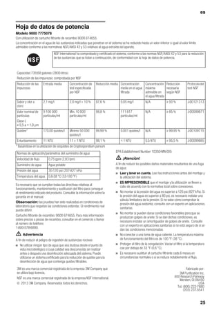 es
25
Hoja de datos de potencia
Modelo 9000 7775078
Con utilización de cartucho filtrante de recambio 9000 674655.
La concentración en el agua de las sustancias indicadas que penetran en el sistema se ha reducido hasta un valor inferior o igual al valor límite
admisible conforme a las normativas NSF/ANSI 42 y 53 relativas al agua extraída del aparato.
* Basándose en la utilización de ooquistes de Cryptosporidium parvum
Es necesario que se cumplan todas las directivas relativas al
funcionamiento, mantenimiento y sustitución del filtro para conseguir
el rendimiento indicado del producto. Consultar la información sobre la
garantía en el manual.
Observación: las pruebas han sido realizadas en condiciones de
laboratorio que respetan las condiciones estándar. El rendimiento real
puede diferir.
Cartucho filtrante de recambio: 9000 674655. Para más información
sobre precios o piezas de recambio, consultar en el comercio o llamar
al número de teléfono
1-800-578-6890.
m Advertencia
A fin de reducir el peligro de ingestión de sustancias nocivas:
■ No utilizar ningún tipo de agua que sea dudosa desde el punto de
vista microbiológico o cuya calidad sea desconocida sin realizar
antes o después una desinfección adecuada del sistema. Puede
utilizarse un sistema certificado para la reducción de quistes para la
desinfección de agua que contenga quistes filtrables.
EPA Establishment Number 10350-MN-005
m ¡Atención!
A fin de reducir los posibles daños materiales resultantes de una fuga
de agua:
■ Leer y tener en cuenta. Leer las instrucciones antes del montaje y
la utilización del sistema.
■ ES IMPRESCINDIBLE que el montaje y la utilización se lleven a
cabo de acuerdo con la normativa local sobre conexiones.
■ No montar si la presión del agua es superior a 120 psi (827 kPa). Si
la presión del agua es superior a 80 psi, es necesario instalar una
válvula limitadora de la presión. Si no sabe cómo comprobar la
presión del agua existente, consulte con un experto en aplicaciones
sanitarias.
■ No montar si pueden darse condiciones favorables para que se
produzcan golpes de ariete. Si se dan dichas condiciones, es
necesario instalar un amortiguador de golpes de ariete. Consulte
con un experto en aplicaciones sanitarias si no está seguro de si se
dan las condiciones mencionadas.
■ No conectar a una toma de agua caliente. La temperatura máxima
de funcionamiento del filtro es de 100 °F (38 °C).
■ Proteger el filtro de la congelación. Vaciar el filtro si la temperatura
cae por debajo de 33 °F (0,6 °C).
■ Es necesario sustituir el cartucho filtrante cada 6 meses en
circunstancias normales o si se reduce notablemente el flujo.
NSF International ha comprobado y certificado el sistema, conforme a las normas NSF/ANSI 42 y 53 para la reducción
de las sustancias que se listan a continuación, de conformidad con la hoja de datos de potencia.
Capacidad 739,68 galones (2800 litros)
Reducción de las impurezas: comprobada por NSF
Reducción de las
impurezas
Entrada media Concentración de
test especificada
por NSF
Reducción media Concentración
media en el agua
filtrada
Concentración
máxima
admisible en
el agua filtrada
Reducción
necesaria
según NSF
Protocolodel
test NSF
Sabor y olor a
cloro
2,1 mg/l 2,0 mg/l ± 10 % 97,6 % 0,05 mg/l N/A ≥ 50 % J-00121313
Valor nominal de
partículas
Clase I,
≥ 0,5 a < 1,0 μm
9 100 000
partículas/ml
Mín. 10 000
partículas/ml
98,8 % 111 817
partículas/ml
N/A ≥ 85 % J-00099871
Quistes* 170,00 quistes/l Mínimo 50 000
quistes/l
99,99 % 0,001 quistes/l N/A ≥ 99,95 % J-00109715
Enturbiamiento 11 NTU 11 ± 1 NTU 98,1 % < 1 NTU 0,5 NTU ≥ 95,5 % J-00099885
Normas de aplicación/parámetros del suministro de agua
Velocidad de flujo 0,75 gpm (2,83 lpm)
Suministro de agua Agua potable
Presión del agua 30-120 psi (207-827 kPa)
Temperatura del agua 0,6-38 °C (33-100 °F)
3M es una marca comercial registrada de la empresa 3M Company que
se utiliza bajo licencia.
NSF es una marca comercial registrada de la empresa NSF International.
© 2013 3M Company. Reservados todos los derechos.
Fabricado por:
3M Purification Inc.
400 Research Parkway
Meriden, Ct 06450
USA
Tel. (800) 222-7880
(203) 237-5541
 