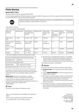 pt
51
Ficha técnica
Modelo 9000 7775078
Utilizando o cartucho do filtro de substituição 9000 674655.
A concentração das substâncias indicadas que penetram na água do sistema foi reduzida a um valor inferior ou igual ao limite admissível estabelecido
nas normas NSF/ANSI 42 e 53 para a água extraída do aparelho.
* Com base na utilização de oocistos de Cryptosporidium parvum
Para alcançar o desempenho indicado do produto, é indispensável
cumprir todas as diretrizes referentes ao funcionamento, manutenção
e substituição do filtro. Leia as indicações relativas à garantia no
manual.
Observação: Os testes foram realizados em condições
normalizadas de laboratório. O desempenho real pode divergir.
Cartucho do filtro de substituição: 9000 674655. Para mais
informações sobre os preços das peças de substituição, consulte o seu
vendedor ou telefone para o seguinte número:
1-800-578-6890.
m Aviso
Para evitar o risco de ingestão de substâncias nocivas:
■ Não utilizar água microbiologicamente duvidosa ou de qualidade
desconhecida sem proceder à devida desinfeção a montante ou a
jusante do sistema. É permitido usar um sistema certificado de
redução de cistos para desinfetar água que contém cistos filtráveis.
EPA Establishment Number 10350-MN-005
m Atenção
Para evitar o risco de danos materiais causados por fugas de água:
■ Ler e ter em conta. Ler as instruções antes de instalar e utilizar o
sistema.
■ Cumprir OBRIGATORIAMENTE as diretrizes de ligação locais ao
instalar e utilizar o aparelho.
■ Não instalar se a pressão de água for superior a 120 psi (827 kPa).
Se a pressão da água exceder 80 psi, é necessário montar uma
válvula de redução da pressão. Informe-se numa loja de
equipamentos sanitários, se não tiver a certeza de como verificar a
pressão da água atual.
■ Não instalar se for provável a ocorrência de golpes de aríete. Nesse
caso, é necessário instalar um amortecedor de golpes de aríete.
Informe-se numa loja de equipamentos sanitários, se tiver dúvidas a
este respeito.
O sistema foi testado e certificado pela NSF International de acordo com as normas NSF/ANSI 42 e 53 relativamente à
redução das substâncias a seguir indicadas na ficha técnica.
Capacidade de 2 800 litros
Redução de impurezas - testada pela NSF
Redução de
impurezas
Admissão média Concentração de
teste especificada
pela NSF
Redução média Concentração
média na água
filtrada
Concentração
máx.
admissível na
água filtrada
Redução
exigida pela
NSF
Protocolo de
teste da NSF
Sabor e odor a
cloro
2,1 mg/l 2,0 mg/l ± 10% 97,6 % 0,05 mg/l n. d. ≥ 50 % J-00121313
Valor nominal de
partículas
Classe I,
≥ 0,5 a < 1,0 μm
9 100 000
partículas/ml
No mín. 10 000
partículas/ml
98,8 % 111 817
partículas/ml
n. d. ≥ 85% J-00099871
Cistos* 170 00 cistos/l No mín. 50
000 cistos/l
99,99 % 0,001 cistos/l n. d. ≥ 99,95% J-00109715
Turbidez 11 NTU 11 ± 1 NTU 98,1 % < 1 NTU 0,5 NTU ≥ 95,5% J-00099885
Diretrizes de utilização/parâmetros do fornecimento de água
Velocidade de fluxo 2,83 l/min
Fornecimento de água Água potável
Pressão da água 30 - 120 psi (207 - 827 kPa)
Temperatura da água 0,6 °C - 38 °C (33 °F - 100 °F)
3M é uma marca registada da empresa 3M Company utilizada sob
licença.
NSF é uma marca registada da empresa NSF International.
© 2013 3M Company. Todos os direitos reservados.
Fabricado por:
3M Purification Inc.
400 Research Parkway
Meriden, Ct 06450
USA
Tel. (800) 222-7880
(203) 237-5541
 