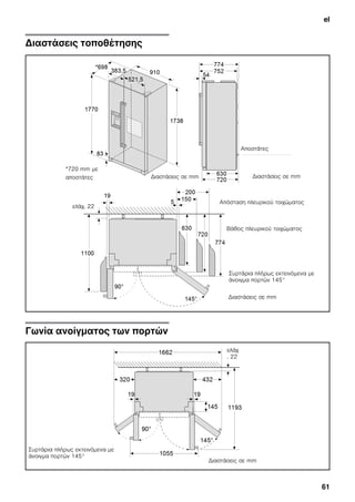 el
61
Διαστάσεις τοποθέτησης
Γωνία ανοίγματος των πορτών
Αποστάτες
Διαστάσεις σε mmΔιαστάσεις σε mm
Διαστάσεις σε mm
*720 mm με
αποστάτες
Απόσταση πλευρικού τοιχώματος
Βάθος πλευρικού τοιχώματος
Συρτάρια πλήρως εκτεινόμενα με
άνοιγμα πορτών 145°
ελάχ. 22
Διαστάσεις σε mm
ελάχ
. 22
Συρτάρια πλήρως εκτεινόμενα με
άνοιγμα πορτών 145°
 