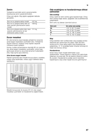 tr
87
Zemin
Yerleştirme yerindeki zemin esnememelidir.
Gerekiyorsa zemin güçlendirilmelidir.
Cihaz çok ağırdır. Boş ağırlık aşağıdaki tabloda
görülebilir.
Duvar mesafesi
Bir oda kenarına veya boşluğa yerleştirme sırasında
yanal asgari boşluklara uyulmalıdır (bkz. Yerleştirme
ölçüleri bölümü), böylece cihaz kapıları dayanak
noktasına kadar açılabilir.
Komşu mutfak donanımlarının derinliği 65 cm üzerinde
ise, yanal asgari mesafelere uyulmalıdır, çünkü kapı
açma açısı ancak bu durumda tamamen kullanılabilir
(bkz. Kapı açma açısı bölümü).
Arka duvara asgari mesafe
Paketin içerisinde olan mesafe koruyucularını, cıvataları,
cihazın arka tarafındaki, onlara uygun deliklere takıp
sabitleyiniz.
Mesafe koruyucular ile duvara 22 mm olan asgari
mesafeye uyulmalıdır ve havalandırma sağlanmalıdır.
Oda sıcaklığına ve havalandırmaya dikkat
edilmelidir
Oda sıcaklığı
Cihaz, belirli bir iklim sınıfına göre tasarlanmıştır. Cihaz,
iklim sınıfına bağlı olarak, aşağıdaki oda sıcaklıklarında
çalıştırılabilir.
İklim sınıfı, tip plakası üzerinde bulunur.
Bilgi
Cihaz belirtilen iklim sınıflarındaki oda sıcaklığı sınırları
dahilinde tam performans ile çalışır. Eğer SN iklim
sınıfına ait bir cihaz daha soğuk oda sıcaklıklarında
çalıştırılırsa, +5 °C sıcaklığa kadar cihazda herhangi bir
hasar söz konusu olmaz.
Havalandırma
Isınan hava, hiçbir engele takılmadan uçup
gidebilmelidir. Yoksa soğutucu makine çok daha fazla
çalışmak zorunda kalır. Bu da elektrik tüketimini arttırır.
Bu yüzden: Havalandırma aralığı üzerini kesinlikle
kapatmayınız veya onları kapalı konuma getirmeyiniz!
Buz ve su çıkışına sahip model 107 kg
Buz ve su çıkışına sahip olan ve
taze yiyecek çekmecesine sahip
model
109 kg
Buz ve su çıkışına sahip olan, taze
yiyecek çekmecesine ve bar
bölmesine sahip model
111 kg
İklim sınıfı İzin verilen oda sıcaklığı
SN +10 °C 32 °C arası
N +16 °C 32 °C arası
ST +16 °C 38 °C arası
T +16 °C 43 °C arası
 