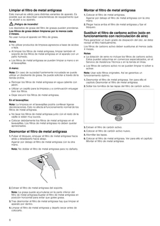 8
Limpiar el filtro de metal antigrasa
Este manual es válido para distintas variantes de aparato. Es
posible que se describan características de equipamiento que
no aludan a su aparato.
: ¡Peligro de incendio!
Los depósitos de grasa del filtro de grasas pueden prenderse.
Los filtros de grasa deben limpiarse por lo menos cada
2 meses.
No usar nunca el aparato sin filtro de grasa.
Notas
■ No utilizar productos de limpieza agresivos a base de ácidos
o lejía.
■ Al limpiar los filtros de metal antigrasa, limpiar también el
soporte de los filtros de metal antigrasa en el aparato con un
paño húmedo.
■ Los filtros de metal antigrasa se pueden limpiar a mano o en
el lavavajillas.
A mano:
Nota: En caso de suciedad fuertemente incrustada se puede
utilizar un disolvente de grasa. Se puede solicitar a través de la
tienda on-line.
■ Remojar los filtros de metal antigrasa en agua caliente con
jabón.
■ Utilizar un cepillo para la limpieza y a continuación enjuagar
bien los filtros.
■ Dejar escurrir los filtros de metal antigrasa.
En el lavavajillas:
Nota: La limpieza en el lavavajillas podría conllevar ligeras
decoloraciones. Esto no afecta al funcionamiento normal de los
filtros de metal antigrasa.
■ No lavar los filtros de metal antigrasa junto con el resto de la
vajilla si están muy sucios.
■ Colocar debidamente los filtros de metal antigrasa en el
lavavajillas. Los filtros de metal antigrasa no deben quedar
aprisionados.
Desmontar el filtro de metal antigrasa
1. Pulsar el bloqueo, empujar el filtro de metal antigrasa hacia
atrás y desplazarlo hacia abajo.
Agarrar por debajo el filtro de metal antigrasa con la otra
mano.
Nota: No doblar el filtro de metal antigrasa para no dañarlo.
2. Extraer el filtro de metal antigrasa del soporte.
Nota: La grasa puede acumularse en la parte inferior del
filtro de metal antigrasa.Sujetar el filtro de metal antigrasa en
posición horizontal para evitar que gotee grasa.
3. Tras desmontar el filtro de metal antigrasa hay que limpiar el
aparato por dentro.
4. Limpiar el filtro de metal antigrasa y dejarlo secar antes de
colocarlo.
Montar el filtro de metal antigrasa
1. Colocar el filtro de metal antigrasa.
Agarrar por debajo el filtro de metal antigrasa con la otra
mano.
2. Plegar hacia arriba el filtro de metal antigrasa y fijar el
bloqueo.
Sustituir el filtro de carbono activo (solo en
funcionamiento con recirculación de aire)
Para garantizar un buen grado de disipación del olor, se debe
revisar el filtro habitualmente.
Los filtros de carbono activo deben sustituirse al menos cada
4 meses.
Notas
■ La dotación de serie no incluye los filtros de carbono activo.
Estos pueden adquirirse en comercios especializados, en el
Servicio de Asistencia Técnica o en la tienda en línea.
■ Los filtros de carbono activo no se pueden limpiar ni volver a
activar.
Nota: Usar solo filtros originales. Así se garantiza un
funcionamiento óptimo.
1. Desmontar el filtro de metal antigrasa. Ver para ello el
capítulo Desmontar el filtro de metal antigrasa.
2. Soltar los tornillos de las tapas del filtro de carbón activo.
3. Extraer el filtro de carbón activo.
4. Colocar el filtro de carbón activo nuevo.
5. Atornillar las tapas.
6. Colocar el filtro de metal antigrasa. Ver para ello el capítulo
Montar el filtro de metal antigrasa.
 