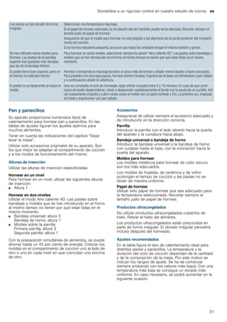 Sometidos a un riguroso control en nuestro estudio de cocina es
31
Pan y panecillos
Su aparato proporciona numerosos tipos de
calentamiento para hornear pan y panecillos. En las
tablas de ajustes figuran los ajustes óptimos para
muchos alimentos.
Tener en cuenta las indicaciones del capítulo "Dejar
levar la masa".
Utilizar solo accesorios originales de su aparato. Son
los que mejor se adaptan al compartimento de cocción
y a los modos de funcionamiento del mismo.
Alturas de inserción
Utilizar las alturas de inserción especificadas.
Hornear en un nivel
Para hornear en un nivel, utilizar las siguientes alturas
de inserción:
■ Altura 1
Hornear en dos niveles
Utilizar el modo Aire caliente 4D. Las pastas sobre
bandejas o moldes que se han introducido en el horno
al mismo tiempo no tienen por qué estar listas en el
mismo momento.
■ Bandeja universal: altura 3
Bandeja de horno: altura 1
■ Moldes sobre la parrilla
Primera parrilla: altura 3
Segunda parrilla: altura 1
Con la preparación simultánea de alimentos, se puede
ahorrar hasta un 45 por ciento de energía. Colocar los
moldes en el compartimento de cocción uno al lado de
otro o uno en cada nivel sin que coincidan uno encima
de otro.
Accesorios
Asegurarse de utilizar siempre el accesorio adecuado y
de introducirlo en la dirección correcta.
Parrilla
Introducir la parrilla con el lado abierto hacia la puerta
del aparato y la curvatura hacia abajo.
Bandeja universal o bandeja de horno
Introducir la bandeja universal o la bandeja de horno
con cuidado hasta el tope, con la inclinación hacia la
puerta del aparato.
Moldes para hornear
Los moldes metálicos para hornear de color oscuro
son los más adecuados.
Los moldes de hojalata, de cerámica y de vidrio
prolongan el tiempo de cocción y las pastas no se
doran de manera uniforme.
Papel de hornear
Utilizar solo papel de hornear que sea adecuado para
la temperatura seleccionada. Recortar siempre el
tamaño justo de papel de hornear.
Productos ultracongelados
No utilizar productos ultracongelados cubiertos de
hielo. Retirar el hielo del alimento.
Los productos ultracongelados están precocidos en
parte de forma irregular. El dorado irregular persistirá
incluso después del horneado.
Ajustes recomendados
En la tabla figura el tipo de calentamiento ideal para
distintos panes y panecillos. La temperatura y la
duración del ciclo de cocción dependen de la cantidad
y de la composición de la masa. Por este motivo se
indican los rangos de ajuste. Se ha de comenzar
siempre probando con los valores más bajos. Con una
temperatura más baja se consigue un dorado más
uniforme. En caso necesario, se podrá aumentar en la
siguiente ocasión.
Las pastas se han dorado de forma
irregular.
Seleccionar una temperatura más baja.
Si el papel de hornear sobresale, la circulación del aire también puede verse afectada. Recortar siempre el
tamaño justo de papel de hornear.
Asegurarse de que el molde para hornear no está pegado a las aberturas de la pared posterior del comparti-
mento de cocción.
Si se hornea repostería pequeña, procurar que todas las unidades tengan el mismo tamaño y grosor.
Se han utilizado varios niveles para
hornear. Las pastas de la bandeja
superior han quedado más doradas
que las de la bandeja inferior.
Para hornear en varios niveles, seleccionar siempre la opción "Aire caliente 4D". Las pastas sobre bandejas o
moldes que se han introducido en el horno al mismo tiempo no tienen por qué estar listas en el mismo
momento.
El pastel tiene buen aspecto, pero en
el interior no está bien hecho.
Hornear a temperatura más baja durante un poco más de tiempo y añadir menos líquido si fuera necesario.
Para pasteles con una capa jugosa, hornear primero la base. Espolvorear la base con almendras o pan rallado
y a continuación añadir la cobertura.
El pastel no se desprende al volcar el
molde.
Una vez concluido el ciclo de horneado, dejar enfriar el pastel entre 5 y 10 minutos. En caso de que conti-
nuara sin poder desprenderse, volver a desprender cuidadosamente el borde con la ayuda de un cuchillo. Vol-
car nuevamente el pastel y cubrir varias veces el molde con un paño húmedo y frío. La próxima vez, engrasar
el molde y espolvorear con pan rallado.
 