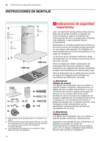 es Indicaciones de seguridad importantes
10
INSTRUCCIONES DE MONTAJE
Manual de montaje
■ Este aparato se ha previsto para un montaje en la
pared.
■ Para accesorios especiales adicionales (p. ej., para
el funcionamiento en recirculación) se han de tener
en cuenta las instrucciones de instalación
correspondientes.
■ Las superficies del aparato son sensibles. Evitar
daños durante la instalación.
(Indicaciones de seguridad
importantes
Indicacionesdeseguridadimportantes Leer con atención las siguientes instrucciones.
Solo así se puede manejar el aparato de
forma correcta y segura. Conservar las
instrucciones de uso y montaje para utilizarlas
más adelante o para posibles futuros
compradores.
Solamente un montaje profesional conforme a
las instrucciones de montaje puede garantizar
un uso seguro del aparato. El instalador es
responsable del funcionamiento perfecto en el
lugar de instalación.
La anchura de la campana extractora debe
corresponder por lo menos a la anchura de la
zona de cocción.
Para la instalación deben observarse las
prescripciones técnicas válidas en cada
momento y los reglamentos de las compañías
locales suministradoras de electricidad y gas.
Para la desviación de la salida del aire se han
de seguir las disposiciones oficiales (ej.
normativas de edificación del país).
:Advertencia
¡Peligro de muerte!
Los gases de combustión que se vuelven a
aspirar pueden ocasionar intoxicaciones. La
salida de aire no debe transmitirse ni a una
chimenea de humos o gases de escape en
servicio ni a un hueco que sirva como
ventilación de los recintos de instalación de
equipos calefactores. Si la salida de aire se va
a evacuar en una chimenea de humos o
gases de escape que no está en servicio, será
necesario contar previamente con la
aprobación correspondiente del técnico
competente de la zona.
:Advertencia
¡Peligro mortal!
Los gases de combustión que se vuelven a
aspirar pueden ocasionar intoxicaciones.
Garantice una entrada de aire suficiente si el
aparato se emplea en modo de
funcionamiento en salida de aire al exterior
junto con un equipo calefactor dependiente
del aire del recinto de instalación.
 