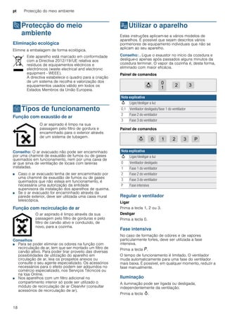 pt Protecção do meio ambiente
18
7Protecção do meio
ambiente
Protecçãodomeioambiente Eliminação ecológica
Elimine a embalagem de forma ecológica.
ÇTipos de funcionamento
Tiposdefuncionamento Função com exaustão de ar
Conselho: O ar evacuado não pode ser encaminhado
por uma chaminé de exaustão de fumos ou de gases
queimados em funcionamento, nem por uma caixa de
ar que sirva de ventilação de locais com lareiras
instaladas.
■ Caso o ar evacuado tenha de ser encaminhado por
uma chaminé de exaustão de fumos ou de gases
queimados que não esteja em funcionamento, é
necessária uma autorização da entidade
supervisora da instalação dos aparelhos de queima.
■ Se o ar evacuado for encaminhado através da
parede exterior, deve ser utilizada uma caixa mural
telescópica.
Função com recirculação de ar
Conselhos
■ Para se poder eliminar os odores na função com
recirculação de ar, tem que ser montado um filtro de
carvão altivo. Para poder tirar proveito das diversas
possibilidades de utilização do aparelho em
circulação de ar, leia os prospetos anexos ou
consulte o seu agente especializado. Os acessórios
necessários para o efeito podem ser adquiridos no
comércio especializado, nos Serviços Técnicos ou
na loja Online.
■ Nos aparelhos com um filtro adicional no
compartimento interior só pode ser utilizado o
módulo de recirculação de ar CleanAir (consultar
acessórios de recirculação de ar).
1Utilizar o aparelho
Utilizaroaparelho Estas instruções aplicam-se a vários modelos de
aparelhos. É possível que sejam descritos vários
pormenores de equipamento individuais que não se
aplicam ao seu aparelho.
Conselho: . Ligue o exaustor no início da cozedura e
desligue-o apenas após passados alguns minutos da
cozedura terminar. O vapor da cozinha é, desta forma,
eliminado com maior eficácia.
Painel de comandos
Painel de comandos
Regular o ventilador
Ligar
Prima a tecla 1, 2 ou 3.
Desligar
Prima a tecla 0.
Fase intensiva
No caso de formação de odores e de vapores
particularmente fortes, deve ser utilizada a fase
intensiva.
Prima a tecla ˜.
O tempo de funcionamento é limitado. O ventilador
muda automaticamente para uma fase do ventilador
mais baixa. É possível, em qualquer momento, reduzir a
fase manualmente.
Iluminação
A iluminação pode ser ligada ou desligada,
independentemente da ventilação.
Prima a tecla A.
Este aparelho está marcado em conformidade
com a Directiva 2012/19/UE relativa aos
resíduos de equipamentos eléctricos e
electrónicos (waste electrical and electronic
equipment - WEEE).
A directiva estabelece o quadro para a criação
de um sistema de recolha e valorização dos
equipamentos usados válido em todos os
Estados Membros da União Europeia.
O ar aspirado é limpo na sua
passagem pelo filtro de gordura e
encaminhado para o exterior através
de um sistema de tubagem.
O ar aspirado é limpo através da sua
passagem pelo filtro de gorduras e pelo
filtro de carvão ativo e conduzido, de
novo, para a cozinha.
Nota explicativa
A Ligar/desligar a luz
0,1 Ventilador desligado/fase 1 do ventilador
2 Fase 2 do ventilador
3 Fase 3 do ventilador
Nota explicativa
A Ligar/desligar a luz
0 Ventilador desligado
1 Fase 1 do ventilador
2 Fase 2 do ventilador
3 Fase 3 do ventilador
P Fase intensiva
 