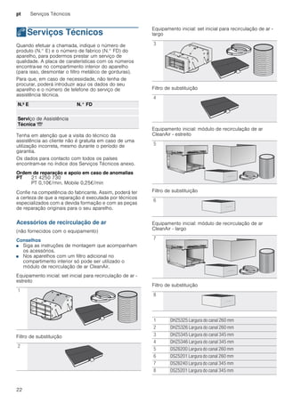 pt Serviços Técnicos
22
4Serviços Técnicos
ServiçosTécnicos Quando efetuar a chamada, indique o número de
produto (N.° E) e o número de fabrico (N.° FD) do
aparelho, para podermos prestar um serviço de
qualidade. A placa de caraterísticas com os números
encontra-se no compartimento interior do aparelho
(para isso, desmontar o filtro metálico de gorduras).
Para que, em caso de necessidade, não tenha de
procurar, poderá introduzir aqui os dados do seu
aparelho e o número de telefone do serviço de
assistência técnica.
Tenha em atenção que a visita do técnico da
assistência ao cliente não é gratuita em caso de uma
utilização incorreta, mesmo durante o período de
garantia.
Os dados para contacto com todos os países
encontram-se no índice dos Serviços Técnicos anexo.
Ordem de reparação e apoio em caso de anomalias
Confie na competência do fabricante. Assim, poderá ter
a certeza de que a reparação é executada por técnicos
especializados com a devida formação e com as peças
de reparação originais para o seu aparelho.
Acessórios de recirculação de ar
(não fornecidos com o equipamento)
Conselhos
■ Siga as instruções de montagem que acompanham
os acessórios.
■ Nos aparelhos com um filtro adicional no
compartimento interior só pode ser utilizado o
módulo de recirculação de ar CleanAir.
Equipamento inicial: set inicial para recirculação de ar -
estreito
Filtro de substituição
Equipamento inicial: set inicial para recirculação de ar -
largo
Filtro de substituição
Equipamento inicial: módulo de recirculação de ar
CleanAir - estreito
Filtro de substituição
Equipamento inicial: módulo de recirculação de ar
CleanAir - largo
Filtro de substituição
N.º E N.° FD
Serviço de Assistência
Técnica O
PT 21 4250 730
PT 0,10€/min. Mobile 0,25€/min
1
2
3
4
5
6
7
8
1 DHZ5325 Largura do canal 260 mm
2 DHZ5326 Largura do canal 260 mm
3 DHZ5345 Largura do canal 345 mm
4 DHZ5346 Largura do canal 345 mm
5 DSZ6200 Largura do canal 260 mm
6 DSZ5201 Largura do canal 260 mm
7 DSZ6240 Largura do canal 345 mm
8 DSZ5201 Largura do canal 345 mm
 