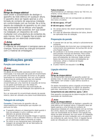 Indicações gerais pt
25
:Aviso
Perigo de choque elétrico!
Deve existir a possibilidade de desligar o
aparelho da rede elétrica em qualquer altura.
O aparelho deve ser ligado apenas a uma
tomada de contacto de segurança instalada
em conformidade com as normas. Se a ficha,
depois da instalação do aparelho ou em caso
de necessidade de se efetuar uma ligação
fixa, deixar de estar acessível, tem que existir
na instalação um dispositivo de corte
multipolar com uma abertura de contactos de,
pelo menos, 3mm. A ligação fixa só pode ser
efetuada por um eletricista credenciado.
:Aviso
Perigo de asfixia!
O material de embalagem é perigoso para as
crianças. Nunca deixe as crianças brincarem
com o material de embalagem.
KIndicações gerais
Indicaçõesgerais Função com exaustão de ar
:Aviso
Perigo de morte!
Os gases de combustão aspirados podem levar a
intoxicação. O ar evacuado não pode ser encaminhado
por uma chaminé de exaustão de fumos ou de gases
queimados em funcionamento, nem por uma caixa de
ar que sirva de ventilação de locais com lareiras
instaladas. Caso o ar evacuado tenha de ser
encaminhado por uma chaminé de exaustão de fumos
ou de gases queimados que não esteja em
funcionamento, é necessária uma autorização da
entidade supervisora da instalação dos aparelhos de
queima.
Se o ar evacuado for encaminhado através da parede
exterior, deve ser utilizada uma caixa mural telescópica.
Tubagem de extração
Conselho: O fabricante do aparelho não se
responsabiliza por reclamações que resultem do
percurso do tubo.
■ O aparelho oferece um desempenho ideal quando o
tubo de extração é curto e retilíneo, com um
diâmetro de grande dimensão.
■ A utilização de tubos de exaustão longos e rugosos,
muitas curvas e diâmetro inferior a 150 mm impede
um funcionamento ideal e aumenta os ruídos.
■ Os tubos ou as mangueiras para colocação da
tubagem de extração têm de ser fabricados de
material incombustível.
Tubos circulares
Recomendamos um diâmetro interior de 150 mm, no
entanto, nunca inferior a 120 mm.
Canais planos
O diâmetro interno tem de corresponder ao diâmetro
dos tubos circulares.
Ø 150 mm aprox. 177 cm2
Ø 120 mm aprox. 113 cm2
■ Os canais planos não devem apresentar desvios
acentuados.
■ Em caso de diferentes diâmetros de tubos, devem
ser aplicadas tiras de vedação.
Preparação da parede
■ A parede tem de ser lisa, vertical e suficientemente
resistente.
■ A profundidade dos furos tem que corresponder ao
comprimento dos parafusos. As buchas têm de ter
uma fixação segura.
■ Os parafusos e as buchas anexos são adequados
para paredes maciças de alvenaria. Para outras
construções de paredes (p. ex. placas de gesso
para remodelações de interiores, betão poroso,
tijolos de barro poroso para remodelações de
interiores), utilizar o material de fixação
correspondente.
■ O peso máximo do exaustor é de 40 kg.
Ligação eléctrica
:Aviso
Perigo de choque elétrico!
Os componentes interiores do aparelho podem ter
arestas vivas. O cabo de ligação pode ficar danificado.
Não dobrar nem entalar o cabo elétrico durante a
instalação.
Os dados necessários sobre a ligação encontram-se
na placa de características no interior do aparelho,
para isso, desmontar o filtro metálico de gorduras.
Comprimento do cabo eléctrico: aprox. 1,30 m
Este aparelho corresponde às determinações UE sobre
supressão de interferências.
:Aviso
Perigo de choque elétrico!
Deve existir a possibilidade de desligar o aparelho da
rede elétrica em qualquer altura. O aparelho deve ser
ligado apenas a uma tomada de contacto de
segurança instalada em conformidade com as normas.
Se a ficha, depois da instalação do aparelho ou em
caso de necessidade de se efetuar uma ligação fixa,
deixar de estar acessível, tem que existir na instalação
um dispositivo de corte multipolar com uma abertura
de contactos de, pelo menos, 3mm. A ligação fixa só
pode ser efetuada por um eletricista credenciado.
 
