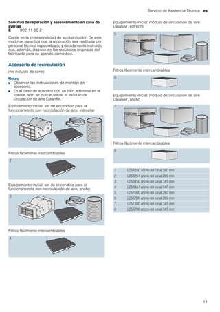 Servicio de Asistencia Técnica es
11
Solicitud de reparación y asesoramiento en caso de
averías
Confíe en la profesionalidad de su distribuidor. De este
modo se garantiza que la reparación sea realizada por
personal técnico especializado y debidamente instruido
que, además, dispone de los repuestos originales del
fabricante para su aparato doméstico.
Accesorio de recirculación
(no incluido de serie)
Notas
■ Observar las instrucciones de montaje del
accesorio.
■ En el caso de aparatos con un filtro adicional en el
interior, solo se puede utilizar el módulo de
circulación de aire CleanAir.
Equipamiento inicial: set de encendido para el
funcionamiento con recirculación de aire, estrecho
Filtros fácilmente intercambiables
Equipamiento inicial: set de encendido para el
funcionamiento con recirculación de aire, ancho
Filtros fácilmente intercambiables
Equipamiento inicial: módulo de circulación de aire
CleanAir, estrecho
Filtros fácilmente intercambiables
Equipamiento inicial: módulo de circulación de aire
CleanAir, ancho
Filtros fácilmente intercambiables
E 902 11 88 21
1
2
3
4
5
6
7
8
1 LZ53250 ancho del canal 260 mm
2 LZ53251 ancho del canal 260 mm
3 LZ53450 ancho del canal 345 mm
4 LZ53451 ancho del canal 345 mm
5 LZ57000 ancho del canal 260 mm
6 LZ56200 ancho del canal 260 mm
7 LZ57300 ancho del canal 345 mm
8 LZ56200 ancho del canal 345 mm
 
