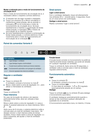 Utilizar o aparelho pt
21
Mudar a indicação para o modo de funcionamento da
circulação de ar
Para o modo de funcionamento da circulação de ar, é
necessário alterar o respetivo controlo eletrónico:
■ O exaustor tem de estar montado e desligado.
■ Toque nos símbolos # e x em simultâneo e
mantenha-os nessa posição, até se acender a
indicação ™" no kit inicial para o modo de
funcionamento da circulação de ar. Se tocar
repetidamente e mantiver a combinação de teclas
nessa posição, a indicação ’"no módulo de
recirculação do ar CleanAir acende.
■ Se tocar repetidamente e mantiver a combinação de
teclas nessa posição, o controlo eletrónico muda
novamente para o modo de funcionamento em
recirculação de ar (indicação !).
Sinal sonoro
Ligar o sinal sonoro
Com o ventilador desligado, toque simultaneamente
nos símbolos # e + durante aprox. 3 segundos. Ouve-
se um sinal sonoro de confirmação.
Desligar o sinal sonoro
Repita o processo "Ligar o sinal sonoro".
Painel de comandos Variante 2
Regular o ventilador
Ligar
■ Toque no símbolo #.
O ventilador começa a funcionar no nível ƒ.
■ Mova o dedo sobre a zona de regulação ||| , para
alterar a intensidade do ventilador.
Desligar
Toque no símbolo #.
Fase intensiva
No caso de formação de odores e de vapores
particularmente fortes, deve ser utilizada a fase
intensiva.
Mova o dedo sobre a zona de regulação ||| para a
direita. É possível selecionar os níveis intensivos‚ 2 e
ƒ 2.
Após cerca de 6 minutos, o sistema eletrónico volta a
comutar para um nível do ventilador mais baixo . Se
desejar concluir o nível intensivo antes do tempo
ajustado, mova o dedo sobre a zona de regulação |||
para a esquerda, até ajustar o nível do ventilador
pretendido.
Função boost
A função boost consiste no funcionamento na potência
máxima durante breves instantes, que pode ser ativada
em qualquer regulação do ventilador.
Toque no símbolo &. Após cerca de 20 segundos, o
ventilador volta a comutar para o nível do ventilador
regulado anteriormente.
Funcionamento automático
Ligar
■ Toque no símbolo #.
O ventilador começa a funcionar no nível ƒ.
■ Toque no símbolo !.
O nível ideal do ventilador ‚, ƒ ou „ é regulado
automaticamente através de um sensor.
Desligar
Toque no símbolo ! ou no símbolo # para desligar
o funcionamento automático.
O ventilador desliga-se automaticamente quando o
sensor já não reconhece qualquer alteração da
qualidade do ar ambiente.
O funcionamento automático dura, no máximo, 4 horas.
Nota explicativa
# Ligar/desligar o ventilador
= Ligar/desligar/regular a luminosidade
& Função boost (potência máxima por breves instantes)
! Funcionamento automático com paragem do ventilador
-|||+ Zona de regulação dos níveis do ventilador
 