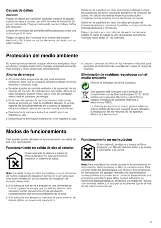 5
Causas de daños
¡Atención!
Peligro de daños por corrosión Encender siempre el aparato
cuando se vaya a cocinar con el fin de evitar la formación de
agua condensada. El agua condensada puede conllevar daños
por corrosión.
Limpiar de inmediato las bombillas defectuosas para evitar una
sobrecarga en el resto.
Peligro de daños por humedad en el interior del sistema
electrónico. No limpiar nunca los elementos de mando con un
paño húmedo.
Daños en la superficie en caso de limpieza indebida. Limpiar
las superficies de acero inoxidable siempre en la dirección del
pulido. No utilizar limpiadores específicos para acero
inoxidable para la limpieza de los elementos de mando.
Daños en la superficie en caso de utilizar productos de
limpieza abrasivos o corrosivos. No utilizar nunca productos de
limpieza abrasivos o corrosivos.
Peligro de daños por recirculación del vapor condensado.
Instalar el canal de salida de aire del aparato ligeramente
inclinado hacia abajo (1° de desnivel).
Protección del medio ambiente
Su nuevo aparato presenta una gran eficiencia energética. Aquí
se ofrecen consejos sobre cómo manejar el aparato ahorrando
más energía y cómo desecharlo correctamente.
Ahorro de energía
■ Al cocinar debe asegurarse de que haya suficiente
ventilación para que la campana extractora trabaje de forma
eficiente y con poco ruido.
■ Se debe adaptar el nivel del ventilador a la intensidad de los
vapores de cocción. El nivel intensivo solo debe utilizarse en
caso necesario. Cuanto menor sea el nivel del ventilador,
menor será el consumo de energía.
■ En el caso de vapores de cocción intensos, seleccionar
desde el principio un nivel de ventilador elevado. Si ya hay
vapores de cocción presentes en la cocina, la campana
extractora deberá dejarse en marcha durante más tiempo.
■ Desconectar la campana extractora cuando ya no se
requiera su uso.
■ Desconectar la iluminación cuando ya no se requiera su uso.
■ Limpiar o cambiar los filtros en los intervalos indicados para
aumentar el rendimiento de la ventilación y evitar el riesgo de
incendio.
Eliminación de residuos respetuosa con el
medio ambiente
Modos de funcionamiento
Este aparato puede utilizarse en funcionamiento con salida de
aire o en recirculación.
Funcionamiento en salida de aire al exterior
Nota: La salida de aire no debe transmitirse ni a una chimenea
de humos o gases de escape en servicio ni a un hueco que
sirva como ventilación de los recintos de instalación de
equipos calefactores.
■ Si la salida de aire se va a evacuar en una chimenea de
humos o gases de escape que no está en servicio, será
necesario contar previamente con la aprobación
correspondiente del técnico competente de la zona.
■ Si la salida de aire se evacua mediante la pared exterior, se
deberá utilizar un pasamuros telescópico.
Funcionamiento en recirculación
Nota: Para neutralizar los olores durante el funcionamiento en
recirculación, debe montarse un filtro de carbono activo. Para
conocer todas las posibilidades que ofrece el funcionamiento
en recirculación del aparato, remitirse a la documentación
correspondiente o consultar en un comercio especializado. Los
accesorios necesarios para tal fin pueden adquirirse en
comercios especializados, en el Servicio de Asistencia Técnica
o en la tienda on-line. Los códigos de accesorios figuran al final
de las instrucciones de uso.
Eliminar el embalaje de forma ecológica.
Este aparato está marcado con el símbolo de
cumplimiento con la Directiva Europea 2012/19/UE
relativa a los aparatos eléctricos y electrónicos
usados (Residuos de aparatos eléctricos y
electrónicos RAEE).
La directiva proporciona el marco general válido en
todo el ámbito de la Unión Europea para la retirada y
la reutilización de los residuos de los aparatos
eléctricos y electrónicos.
El aire aspirado se depura a través de
filtros antigrasa y se evacua al exterior
mediante un sistema de tubos.
El aire aspirado se depura a través de filtros
antigrasa y un filtro de carbono activo y se vuelve
a suministrar a la cocina.
 