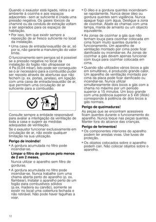 12
Quando o exaustor está ligado, retira o ar
ambiente à cozinha e aos espaços
adjacentes - sem ar suficiente é criada uma
pressão negativa. Os gases tóxicos da
chaminé ou da conduta de extração voltam
a ser aspirados para os espaços de
habitação.
■ Por isso, tem que existir sempre a
reposição de ar fresco suficiente no local
da instalação.
■ Uma caixa de entrada/exaustão de ar, só
por si, não garante a manutenção do valor
limite.
O funcionamento sem perigos só é possível
se a pressão negativa no local da
instalação do fogão não ultrapassar os
4 Pa (0,04 mbar). Isto pode ser conseguido
se o ar necessário para a combustão puder
ser reposto através de aberturas que não
fechem (p. ex. portas, janelas), em ligação
com uma caixa de entrada/exaustão de ar,
que permitam uma circulação de ar
suficiente para a combustão.
Consulte sempre a entidade responsável
para avaliar a interligação da ventilação de
toda a casa e sugerir as medidas
adequadas de ventilação.
Se o exaustor funcionar exclusivamente em
circulação de ar, não existe qualquer
limitação na sua utilização.
Perigo de incêndio!
■ A gordura acumulada no filtro pode
incendiar-se.
Limpar o filtro de gorduras pelo menos
de 2 em 2 meses.
Nunca utilizar o aparelho sem filtro de
gorduras.
Perigo de incêndio!
■ A gordura acumulada no filtro pode
incendiar-se. Nunca trabalhe com uma
chama aberta perto do aparelho (p. ex.
flambear). Instalar o aparelho perto de um
fogão para combustíveis sólidos
(p.ex. madeira ou carvão), somente se
existir no local uma cobertura fechada e
não retirável. Não pode haver fagulhas a
voar.
Perigo de incêndio!
■ O óleo e a gordura quentes incendeiam-
se rapidamente. Nunca deixe óleo ou
gordura quentes sem vigilância. Nunca
apague fogo com água. Desligue a zona
de cozinhar. Abafe as chamas com uma
tampa, manta de amianto ou um objecto
equivalente.
Perigo de incêndio!
■ As zonas de cozinhar a gás que não
tenham louça para cozinhar colocada em
cima ficam muito quentes durante o
funcionamento. Um aparelho de
ventilação montado por cima pode ficar
danificado ou incendiar-se. As zonas de
cozinhar a gás devem apenas funcionar
com louça para cozinhar colocada em
cima.
Perigo de incêndio!
■ Quando são utilizados vários bicos a gás
em simultâneo, é produzido grande calor.
Um aparelho de ventilação montado por
cima da placa pode ficar danificado ou
incendiar-se. Nunca utilizar
simultaneamente dois bicos a gás com a
chama no máximo por um período
superior a 15 minutos. Um bico grande
com uma potência superior a 5 kW (Wok)
corresponde à potência de dois bicos a
gás normais.
Perigo de queimaduras!
As peças que se encontram acessíveis
ficam quentes durante o funcionamento do
aparelho. Nunca toque nas peças quentes.
Manter fora do alcance das crianças.
Perigo de ferimentos!
■ Os componentes interiores do aparelho
podem ter arestas vivas. Use luvas de
proteção.
Perigo de ferimentos!
■ Os objetos colocados sobre o aparelho
podem cair. Não colocar objetos sobre o
aparelho.
 