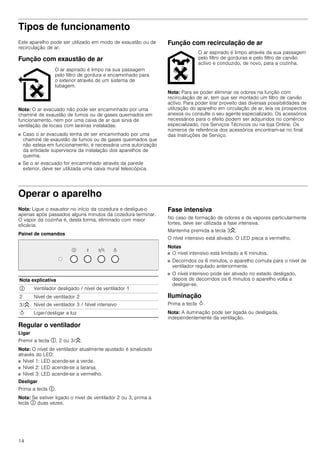 14
Tipos de funcionamento
Este aparelho pode ser utilizado em modo de exaustão ou de
recirculação de ar.
Função com exaustão de ar
Nota: O ar evacuado não pode ser encaminhado por uma
chaminé de exaustão de fumos ou de gases queimados em
funcionamento, nem por uma caixa de ar que sirva de
ventilação de locais com lareiras instaladas.
■ Caso o ar evacuado tenha de ser encaminhado por uma
chaminé de exaustão de fumos ou de gases queimados que
não esteja em funcionamento, é necessária uma autorização
da entidade supervisora da instalação dos aparelhos de
queima.
■ Se o ar evacuado for encaminhado através da parede
exterior, deve ser utilizada uma caixa mural telescópica.
Função com recirculação de ar
Nota: Para se poder eliminar os odores na função com
recirculação de ar, tem que ser montado um filtro de carvão
activo. Para poder tirar proveito das diversas possibilidades de
utilização do aparelho em circulação de ar, leia os prospectos
anexos ou consulte o seu agente especializado. Os acessórios
necessários para o efeito podem ser adquiridos no comércio
especializado, nos Serviços Técnicos ou na loja Online. Os
números de referência dos acessórios encontram-se no final
das Instruções de Serviço.
Operar o aparelho
Nota: Ligue o exaustor no início da cozedura e desligue-o
apenas após passados alguns minutos da cozedura terminar.
O vapor da cozinha é, desta forma, eliminado com maior
eficácia.
Painel de comandos
Regular o ventilador
Ligar
Premir a tecla #, 2 ou 3/G.
Nota: O nível de ventilador atualmente ajustado é sinalizado
através do LED:
■ Nível 1: LED acende-se a verde.
■ Nível 2: LED acende-se a laranja.
■ Nível 3: LED acende-se a vermelho.
Desligar
Prima a tecla #.
Nota: Se estiver ligado o nível de ventilador 2 ou 3, prima a
tecla # duas vezes.
Fase intensiva
No caso de formação de odores e de vapores particularmente
fortes, deve ser utilizada a fase intensiva.
Mantenha premida a tecla 3G.
O nível intensivo está ativado. O LED pisca a vermelho.
Notas
■ O nível intensivo está limitado a 6 minutos.
■ Decorridos os 6 minutos, o aparelho comuta para o nível de
ventilador regulado anteriormente.
■ O nível intensivo pode ser ativado no estado desligado,
depois de decorridos os 6 minutos o aparelho volta a
desligar-se.
Iluminação
Prima a tecla B.
Nota: A iluminação pode ser ligada ou desligada,
independentemente da ventilação.
O ar aspirado é limpo na sua passagem
pelo filtro de gordura e encaminhado para
o exterior através de um sistema de
tubagem.
O ar aspirado é limpo através da sua passagem
pelo filtro de gorduras e pelo filtro de carvão
activo e conduzido, de novo, para a cozinha.
Nota explicativa
# Ventilador desligado / nível de ventilador 1
2 Nível de ventilador 2
3/G Nível de ventilador 3 / Nível intensivo
B Ligar/desligar a luz
 