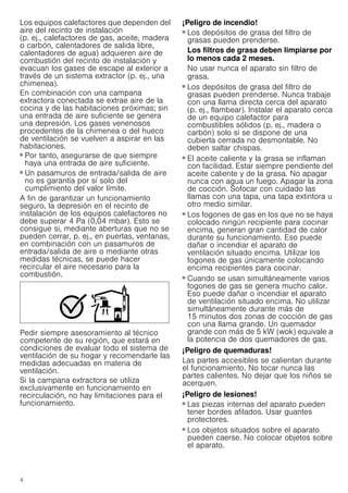 4
Los equipos calefactores que dependen del
aire del recinto de instalación
(p. ej., calefactores de gas, aceite, madera
o carbón, calentadores de salida libre,
calentadores de agua) adquieren aire de
combustión del recinto de instalación y
evacuan los gases de escape al exterior a
través de un sistema extractor (p. ej., una
chimenea).
En combinación con una campana
extractora conectada se extrae aire de la
cocina y de las habitaciones próximas; sin
una entrada de aire suficiente se genera
una depresión. Los gases venenosos
procedentes de la chimenea o del hueco
de ventilación se vuelven a aspirar en las
habitaciones.
■ Por tanto, asegurarse de que siempre
haya una entrada de aire suficiente.
■ Un pasamuros de entrada/salida de aire
no es garantía por sí solo del
cumplimiento del valor límite.
A fin de garantizar un funcionamiento
seguro, la depresión en el recinto de
instalación de los equipos calefactores no
debe superar 4 Pa (0,04 mbar). Esto se
consigue si, mediante aberturas que no se
pueden cerrar, p. ej., en puertas, ventanas,
en combinación con un pasamuros de
entrada/salida de aire o mediante otras
medidas técnicas, se puede hacer
recircular el aire necesario para la
combustión.
Pedir siempre asesoramiento al técnico
competente de su región, que estará en
condiciones de evaluar todo el sistema de
ventilación de su hogar y recomendarle las
medidas adecuadas en materia de
ventilación.
Si la campana extractora se utiliza
exclusivamente en funcionamiento en
recirculación, no hay limitaciones para el
funcionamiento.
¡Peligro de incendio!
■ Los depósitos de grasa del filtro de
grasas pueden prenderse.
Los filtros de grasa deben limpiarse por
lo menos cada 2 meses.
No usar nunca el aparato sin filtro de
grasa.
¡Peligro de incendio!
■ Los depósitos de grasa del filtro de
grasas pueden prenderse. Nunca trabaje
con una llama directa cerca del aparato
(p. ej., flambear). Instalar el aparato cerca
de un equipo calefactor para
combustibles sólidos (p. ej., madera o
carbón) solo si se dispone de una
cubierta cerrada no desmontable. No
deben saltar chispas.
¡Peligro de incendio!
■ El aceite caliente y la grasa se inflaman
con facilidad. Estar siempre pendiente del
aceite caliente y de la grasa. No apagar
nunca con agua un fuego. Apagar la zona
de cocción. Sofocar con cuidado las
llamas con una tapa, una tapa extintora u
otro medio similar.
¡Peligro de incendio!
■ Los fogones de gas en los que no se haya
colocado ningún recipiente para cocinar
encima, generan gran cantidad de calor
durante su funcionamiento. Eso puede
dañar o incendiar el aparato de
ventilación situado encima. Utilizar los
fogones de gas únicamente colocando
encima recipientes para cocinar.
¡Peligro de incendio!
■ Cuando se usan simultáneamente varios
fogones de gas se genera mucho calor.
Eso puede dañar o incendiar el aparato
de ventilación situado encima. No utilizar
simultáneamente durante más de
15 minutos dos zonas de cocción de gas
con una llama grande. Un quemador
grande con más de 5 kW (wok) equivale a
la potencia de dos quemadores de gas.
¡Peligro de quemaduras!
Las partes accesibles se calientan durante
el funcionamiento. No tocar nunca las
partes calientes. No dejar que los niños se
acerquen.
¡Peligro de lesiones!
■ Las piezas internas del aparato pueden
tener bordes afilados. Usar guantes
protectores.
¡Peligro de lesiones!
■ Los objetos situados sobre el aparato
pueden caerse. No colocar objetos sobre
el aparato.
 