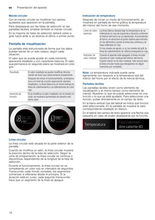 es Presentación del aparato
10
Mando circular
Con el mando circular se modifican los valores
ajustados que aparecen en la pantalla.
Para desplazarse por las listas de selección en las
pantallas táctiles, emplear también el mando circular.
En la mayoría de listas de selección deberá volver a
girar hacia atrás si se alcanza el último o primer punto.
Pantalla de visualización
La pantalla está estructurada de forma que los datos
puedan leerse de un solo vistazo, según cada
situación.
El valor que se pueda ajustar en cada momento
aparecerá resaltado y con caracteres blancos. El valor
que permanece en segundo plano se mostrará en color
gris.
Línea circular
La línea circular está situada en la parte exterior de la
pantalla.
Cuando se modifica un valor, la línea circular muestra
la posición dentro de la lista de selección. Según la
zona de programación, la línea circular es continua o
discontinua, dependiendo de la longitud de la lista de
selección.
Durante el funcionamiento, la línea circular se va
completando en color rojo en intervalos de segundos.
Transcurrido cada minuto completo, los segmentos
comienzan a rellenarse desde el principio. Si la
duración está en curso, cada segundo transcurrido
hace que un segmento de la línea se apague.
Indicación de temperatura
Después de iniciar un modo de funcionamiento, se
mostrará en pantalla de forma gráfica la temperatura
del interior del horno de ese momento.
Nota: La temperatura indicada puede variar
ligeramente con respecto a la temperatura real del
interior del horno por el efecto de la inercia térmica.
Pantallas táctiles
Las pantallas táctiles sirven como elemento de
visualización y al mismo tiempo como elemento de
mando. Muestran lo que se puede seleccionar en una
función y lo que ya está ajustado. Para seleccionar una
función, pulsar directamente en el campo de texto.
En la barra vertical roja del lateral se indica qué función
está seleccionada. En la pantalla se muestra el valor
correspondiente resaltado en blanco.
En el lateral del campo de texto aparece una flecha roja
pequeña en caso de poder desplazarse por la función.
Resaltado El valor resaltado se puede modificar directa-
mente sin tener que seleccionarse previamente.
Después de iniciar el funcionamiento, la tempera-
tura o el nivel de cocción aparecerán siempre
resaltados. La línea blanca es al mismo tiempo la
línea de calentamiento y va rellenándose de color
rojo.
Aumento de
tamaño
Si se modifica un valor resaltado con el mando cir-
cular, se mostrará aumentado de tamaño solo
dicho valor.
Línea de calen-
tamiento
La línea blanca situada bajo la temperatura se va
rellenando en rojo de izquierda a derecha conforme
el interior del horno se va calentando. Al precalentar
el horno, se alcanzará el punto óptimo para introdu-
cir los alimentos cuando la línea sea continua y se
haya rellenado en rojo.
En los niveles de ajuste, p. ej. los niveles de grill, la
línea de calentamiento se rellena enseguida en rojo.
Indicador de
calor residual
Cuando el aparato está apagado, la línea circular
muestra el calor residual del interior del horno.
Cuanto menor es el calor residual, más oscura será
la línea circular hasta que desaparece en algún
momento por completo.
 