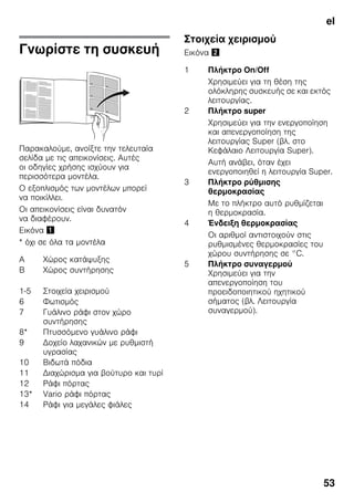 el
53
Γνωρίστε τη συσκευή
Παρακαλούμε, ανοίξτε την τελευταία
σελίδα με τις απεικονίσεις. Αυτές
οι οδηγίες χρήσης ισχύουν για
περισσότερα μοντέλα.
Ο εξοπλισμός των μοντέλων μπορεί
να ποικίλλει.
Οι απεικονίσεις είναι δυνατόν
να διαφέρουν.
Εικόνα !
* όχι σε όλα τα μοντέλα
Στοιχεία χειρισμού
Εικόνα "
A Χώρος κατάψυξης
B Χώρος συντήρησης
1-5 Στοιχεία χειρισμού
6 Φωτισμός
7 Γυάλινο ράφι στον χώρο
συντήρησης
8* Πτυσσόμενο γυάλινο ράφι
9 Δοχείο λαχανικών με ρυθμιστή
υγρασίας
10 Βιδωτά πόδια
11 Διαχώρισμα για βούτυρο και τυρί
12 Ράφι πόρτας
13* Vario ράφι πόρτας
14 Ράφι για μεγάλες φιάλες
1 Πλήκτρο On/Off
Χρησιμεύει για τη θέση της
ολόκληρης συσκευής σε και εκτός
λειτουργίας.
2 Πλήκτρο super
Χρησιμεύει για την ενεργοποίηση
και απενεργοποίηση της
λειτουργίας Super (βλ. στο
Κεφάλαιο Λειτουργία Super).
Αυτή ανάβει, όταν έχει
ενεργοποιηθεί η λειτουργία Super.
3 Πλήκτρο ρύθμισης
θερμοκρασίας
Με το πλήκτρο αυτό ρυθμίζεται
η θερμοκρασία.
4 Ένδειξη θερμοκρασίας
Οι αριθμοί αντιστοιχούν στις
ρυθμισμένες θερμοκρασίες του
χώρου συντήρησης σε °C.
5 Πλήκτρο συναγερμού
Χρησιμεύει για την
απενεργοποίηση του
προειδοποιητικού ηχητικού
σήματος (βλ. Λειτουργία
συναγερμού).
 