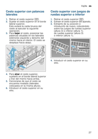 Vajilla es
27
Cesto superior con palancas
laterales
1. Retirar el cesto superior 12.
2. Sujetar el cesto superior en el borde
lateral superior.
Esto evitará la caída brusca del
cesto al ejecutar la siguiente
operación.
3. Para bajar el cesto, presionar las
palancas situadas en los laterales
exteriores izquierdo y derecho del
mismo hacia el interior. El cesto se
desplaza hacia abajo.
4. Para alzar el cesto superior,
sujetarlo en el borde lateral superior
y tirar del mismo hacia arriba.
5. Cerciorarse de que el cesto se
encuentra nivelado (laterales
colocados en la misma altura).
6. Introducir el cesto superior en su
sitio.
Cesto superior con juegos de
ruedas superior o inferior
1. Retirar el cesto superior 12.
2. Extraer el cesto superior del aparato.
3. Extraerlo de su posición e
introducirlo de nuevo, colocándolo
sobre los juegos de ruedas superior
(altura 3) o inferior (altura 1).
de ruedas superior (altura 3)
o inferior (altura 1).
4. Introducir el cesto superior en su
sitio.
 