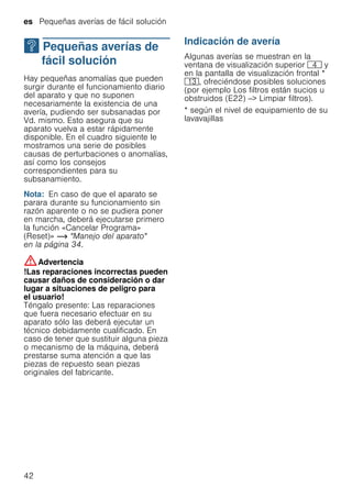 es Pequeñas averías de fácil solución
42
3 Pequeñas averías de
fácil solución
Pequeñasaveríasdefácilsolución Hay pequeñas anomalías que pueden
surgir durante el funcionamiento diario
del aparato y que no suponen
necesariamente la existencia de una
avería, pudiendo ser subsanadas por
Vd. mismo. Esto asegura que su
aparato vuelva a estar rápidamente
disponible. En el cuadro siguiente le
mostramos una serie de posibles
causas de perturbaciones o anomalías,
así como los consejos
correspondientes para su
subsanamiento.
Nota: En caso de que el aparato se
parara durante su funcionamiento sin
razón aparente o no se pudiera poner
en marcha, deberá ejecutarse primero
la función «Cancelar Programa»
(Reset)» ~ "Manejo del aparato"
en la página 34.
:Advertencia
!Las reparaciones incorrectas pueden
causar daños de consideración o dar
lugar a situaciones de peligro para
el usuario!
Téngalo presente: Las reparaciones
que fuera necesario efectuar en su
aparato sólo las deberá ejecutar un
técnico debidamente cualificado. En
caso de tener que sustituir alguna pieza
o mecanismo de la máquina, deberá
prestarse suma atención a que las
piezas de repuesto sean piezas
originales del fabricante.
Indicación de avería
Algunas averías se muestran en la
ventana de visualización superior @ y
en la pantalla de visualización frontal *
):, ofreciéndose posibles soluciones
(por ejemplo Los filtros están sucios u
obstruidos (E22) --> Limpiar filtros).
* según el nivel de equipamiento de su
lavavajillas
 