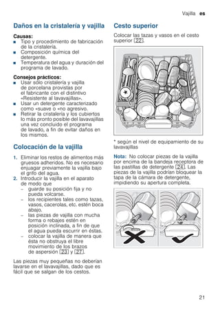 Vajilla es
21
Daños en la cristalería y vajilla
Causas:
■ Tipo y procedimiento de fabricación
de la cristalería.
■ Composición química del
detergente.
■ Temperatura del agua y duración del
programa de lavado.
Consejos prácticos:
■ Usar sólo cristalería y vajilla
de porcelana provistas por
el fabricante con el distintivo
«Resistente al lavavajillas».
■ Usar un detergente caracterizado
como «suave o «no agresivo.
■ Retirar la cristalería y los cubiertos
lo más pronto posible del lavavajillas
una vez concluido el programa
de lavado, a fin de evitar daños en
los mismos.
Colocación de la vajilla
1. Eliminar los restos de alimentos más
gruesos adheridos. No es necesario
enjuagar previamente la vajilla bajo
el grifo del agua.
2. Introducir la vajilla en el aparato
de modo que
– guarde su posición fija y no
pueda volcarse.
– los recipientes tales como tazas,
vasos, cacerolas, etc. estén boca
abajo.
– las piezas de vajilla con mucha
forma o rebajes estén en
posición inclinada, a fin de que
el agua pueda escurrir en éstas.
– colocar la vajilla de manera que
ésta no obstruya el libre
movimiento de los brazos
de aspersión 1: y 1Z.
Las piezas muy pequeñas no deberían
lavarse en el lavavajillas, dado que es
fácil que se salgan de los cestos.
Cesto superior
Colocar las tazas y vasos en el cesto
superior 12.
* según el nivel de equipamiento de su
lavavajillas
Nota: No colocar piezas de la vajilla
por encima de la bandeja receptora de
las pastillas de detergente 1B. Las
piezas de la vajilla podrían bloquear la
tapa de la cámara de detergente,
impidiendo su apertura completa.
 