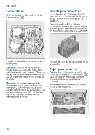 es Vajilla
22
Cesto inferior
Colocar las cacerolas y platos en el
cesto inferior 9*.
* según el nivel de equipamiento de su
lavavajillas
Consejo: Colocar la vajilla con un
fuerte grado de suciedad (cacerlas y
sartenes) en el cesto inferior. El chorro
de agua más potente permite obtener
así un mejor resultado en el lavado de
la vajilla.
Consejo: En nuestra pagina web
puede descargar gratuitamente más
ejemplos y consejos prácticos para
cargar óptimamente su lavavajillas. La
correspondiente dirección de Internet
figura en la parte posterior de las
instrucciones de uso.
Cestilla para cubiertos *
Cestillaparacubiertos Los cubiertos se colocarán siempre
mezclados, con la superficie útil hacia
abajo (mango hacia arriba), en la
cestilla *.
Con objeto de evitar el peligro
de lesiones, colocar las piezas largas
y puntiagudas, así como los cuchillos,
en el soporte especial para cuchillos*.
* según el nivel de equipamiento de su
lavavajillas
Cajón para cubiertos *
Cajónparacubiertos Colocar los cubiertos en el cajón, tal
como se muestra en la ilustración 1*.
Una colocación ordenada facilitará
considerablemente su retirada
posterior.
El cajón para los cubiertos se puede
retirar de la máquina.
 