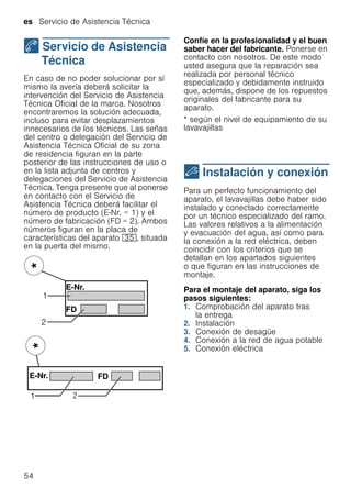 es Servicio de Asistencia Técnica
54
4 Servicio de Asistencia
Técnica
ServiciodeAsistenciaTécnica En caso de no poder solucionar por sí
mismo la avería deberá solicitar la
intervención del Servicio de Asistencia
Técnica Oficial de la marca. Nosotros
encontraremos la solución adecuada,
incluso para evitar desplazamientos
innecesarios de los técnicos. Las señas
del centro o delegación del Servicio de
Asistencia Técnica Oficial de su zona
de residencia figuran en la parte
posterior de las instrucciones de uso o
en la lista adjunta de centros y
delegaciones del Servicio de Asistencia
Técnica. Tenga presente que al ponerse
en contacto con el Servicio de
Asistencia Técnica deberá facilitar el
número de producto (E-Nr. = 1) y el
número de fabricación (FD = 2). Ambos
números figuran en la placa de
características del aparato 9J, situada
en la puerta del mismo.
Confíe en la profesionalidad y el buen
saber hacer del fabricante. Ponerse en
contacto con nosotros. De este modo
usted asegura que la reparación sea
realizada por personal técnico
especializado y debidamente instruido
que, además, dispone de los repuestos
originales del fabricante para su
aparato.
* según el nivel de equipamiento de su
lavavajillas
5 Instalación y conexión
Instalaciónyconexión Para un perfecto funcionamiento del
aparato, el lavavajillas debe haber sido
instalado y conectado correctamente
por un técnico especializado del ramo.
Las valores relativos a la alimentación
y evacuación del agua, así como para
la conexión a la red eléctrica, deben
coincidir con los criterios que se
detallan en los apartados siguientes
o que figuran en las instrucciones de
montaje.
Para el montaje del aparato, siga los
pasos siguientes:
1. Comprobación del aparato tras
la entrega
2. Instalación
3. Conexión de desagüe
4. Conexión a la red de agua potable
5. Conexión eléctrica
 