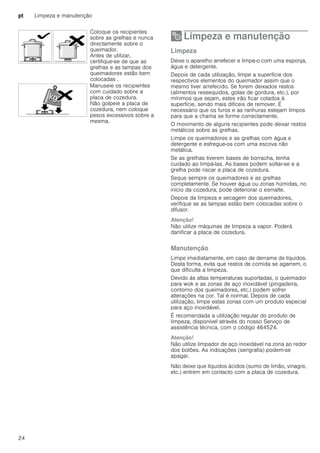pt Limpeza e manutenção
24
2 Limpeza e manutenção
Limpezaemanutenção Limpeza
Deixe o aparelho arrefecer e limpe-o com uma esponja,
água e detergente.
Depois de cada utilização, limpe a superfície dos
respectivos elementos do queimador assim que o
mesmo tiver arrefecido. Se forem deixados restos
(alimentos ressequidos, gotas de gordura, etc.), por
mínimos que sejam, estes irão ficar colados à
superfície, sendo mais difíceis de remover. É
necessário que os furos e as ranhuras estejam limpos
para que a chama se forme correctamente.
O movimento de alguns recipientes pode deixar restos
metálicos sobre as grelhas.
Limpe os queimadores e as grelhas com água e
detergente e esfregue-os com uma escova não
metálica.
Se as grelhas tiverem bases de borracha, tenha
cuidado ao limpá-las. As bases podem soltar-se e a
grelha pode riscar a placa de cozedura.
Seque sempre os queimadores e as grelhas
completamente. Se houver água ou zonas húmidas, no
início da cozedura, pode deteriorar o esmalte.
Depois da limpeza e secagem dos queimadores,
verifique se as tampas estão bem colocadas sobre o
difusor.
Atenção!
Não utilize máquinas de limpeza a vapor. Poderá
danificar a placa de cozedura.
Manutenção
Limpe imediatamente, em caso de derrame de líquidos.
Desta forma, evita que restos de comida se agarrem, o
que dificulta a limpeza.
Devido às altas temperaturas suportadas, o queimador
para wok e as zonas de aço inoxidável (pingadeira,
contorno dos queimadores, etc.) podem sofrer
alterações na cor. Tal é normal. Depois de cada
utilização, limpe estas zonas com um produto especial
para aço inoxidável.
É recomendada a utilização regular do produto de
limpeza, disponível através do nosso Serviço de
assistência técnica, com o código 464524.
Atenção!
Não utilize limpador de aço inoxidável na zona ao redor
dos botões. As indicações (serigrafia) podem-se
apagar.
Não deixe que líquidos ácidos (sumo de limão, vinagre,
etc.) entrem em contacto com a placa de cozedura.
Coloque os recipientes
sobre as grelhas e nunca
directamente sobre o
queimador.
Antes de utilizar,
certifique-se de que as
grelhas e as tampas dos
queimadores estão bem
colocadas .
Manuseie os recipientes
com cuidado sobre a
placa de cozedura.
Não golpeie a placa de
cozedura, nem coloque
pesos excessivos sobre a
mesma.
 