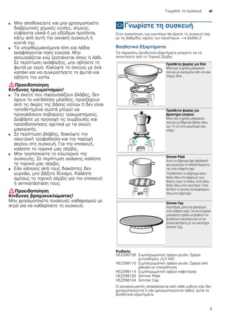 Γνωρίστε τη συσκευή el
5
■ Μην αποθηκεύετε και μην χρησιμοποιείτε
διαβρωτικές χημικές ουσίες, ατμούς,
εύφλεκτα υλικά ή μη εδώδιμα προϊόντα,
κάτω από αυτή την οικιακή συσκευή ή
κοντά της.
Κίνδυνος πυρκαγιάς!■ Τα υπερθερμαινόμενα λίπη και λάδια
αναφλέγονται πολύ εύκολα. Μην
απουσιάζεται ενώ ζεσταίνεται λίπος ή λάδι.
Σε περίπτωση ανάφλεξης, μην σβήσετε τη
φωτιά με νερό. Καλύψτε το σκεύος με ένα
καπάκι για να συγκρατήσετε τη φωτιά και
σβήστε την εστία.
:Προειδοποίηση
Κίνδυνος τραυματισμών!
■ Τα σκεύη που παρουσιάζουν βλάβες, δεν
έχουν το κατάλληλο μέγεθος, προεξέχουν
από τις άκρες της βάσης εστιών ή δεν είναι
τοποθετημένα σωστά μπορεί να
προκαλέσουν σοβαρούς τραυματισμούς.
Διαβάστε με προσοχή τις συμβουλές και
προειδοποιήσεις σχετικά με τα σκεύη
μαγειρικής.
Κίνδυνος τραυματισμών!■ Σε περίπτωση βλάβης, διακόψτε την
ηλεκτρική τροφοδοσία και την παροχή
αερίου στη συσκευή. Για την επισκευή,
καλέστε το τεχνικό μας σέρβις.
Κίνδυνος τραυματισμών!■ Μην τροποποιείτε το εσωτερικό της
συσκευής. Σε περίπτωση ανάγκης καλέστε
το τεχνικό μας σέρβις.
Κίνδυνος τραυματισμών!■ Εάν κάποιος από τους διακόπτες δεν
γυρνάει, μην βάζετε δύναμη. Καλέστε
αμέσως το τεχνικό σέρβις για την επισκευή
ή αντικατάσταση τους.
:Προειδοποίηση
Κίνδυνος βραχυκυκλώματος!
Μην χρησιμοποιείτε συσκευές καθαρισμού με
ατμό για να καθαρίσετε τη συσκευή.
*Γνωρίστε τη συσκευή
Γνωρίστετησυσκευή Στην επισκόπηση των μοντέλων θα βρείτε τη συσκευή σας
με τις βαθμίδες ισχύος των καυστήρων. ~ Σελίδα 2
Βοηθητικά Εξαρτήματα
Τα παρακάτω βοηθητικά εξαρτήματα μπορείτε να τα
αποκτήσετε από το Τεχνικό Σέρβις:
--------
Κωδικός
Ο κατασκευαστής απαλλάσσεται από κάθε ευθύνη εάν δεν
χρησιμοποιούνται ή εάν χρησιμοποιούνται λάθος αυτά τα
βοηθητικά εξαρτήματα.
Πρόσθετος φορέας για Wok
Μόνο για τη χρήση μαγειρικών
σκευών με κυρτωμένο πάτο σε καυ-
στήρες Wok.
Πρόσθετος φορέας για
βραστήρα εσπρέσο
Μόνο για τη χρήση μαγειρικών
σκευών με διάμετρο βάσης κάτω
των 12 cm στον μικρότερο καυ-
στήρα
Simmer Plate
Αυτό το εξάρτημα έχει σχεδιαστεί
για να μειώσει το επίπεδο θερμότη-
τας στην ελάχιστη ισχύ.
Τοποθετήστε το εξάρτημα απευ-
θείας πάνω στη σχάρα με τους
θόλους προς τα επάνω, ποτέ απευ-
θείας πάνω στον καυστήρα. Τοπο-
θετήστε το σκεύος κεντραρισμένο
πάνω στο εξάρτημα.
Simmer Cap
Καυστήρας μόνο για μαγείρεμα
στην ελάχιστη ισχύ. Για να τον χρησι-
μοποιήσετε πρέπει να βγάλετε τον
βοηθητικό καυστήρα και να τον
αντικαταστήσετε με τον καυστήρα
Simmer Cap.
HEZ298108 Συμπληρωματική σχάρα γουόκ: Σχάρα
χυτοσίδηρου (3,3 kW)
HEZ298110 Συμπληρωματική σχάρα γουόκ: Σχάρα από
χάλυβα με επισμάλτωση
HEZ298114 Συμπληρωματική σχάρα καφετιέρας
HEZ298105 Simmer Plate
HEZ298104 Simmer Cap
 