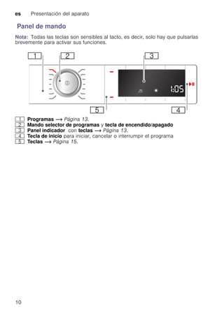 es Presentación del aparato
10
Panel de mando
Nota: Todas las teclas son sensibles al tacto, es decir, solo hay que pulsarlas
brevemente para activar sus funciones.
( Programas ~ Página 13.
0 Mando selector de programas y tecla de encendido/apagado
8 Panel indicador con teclas ~ Página 13.
@ Tecla de inicio para iniciar, cancelar o interrumpir el programa
H Teclas ~ Página 15.
 