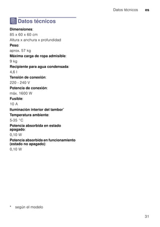Datos técnicos es
31
J Datos técnicos
DatostécnicosDimensiones:
85 x 60 x 60 cm
Altura x anchura x profundidad
Peso:
aprox. 57 kg
Máxima carga de ropa admisible:
9 kg
Recipiente para agua condensada:
4,6 l
Tensión de conexión:
220 - 240 V
Potencia de conexión:
máx. 1600 W
Fusible:
10 A
Iluminación interior del tambor*
Temperatura ambiente:
5-35 °C
Potencia absorbida en estado
apagado:
0,10 W
Potencia absorbida en funcionamiento
(estado no apagado):
0,10 W
* según el modelo
 